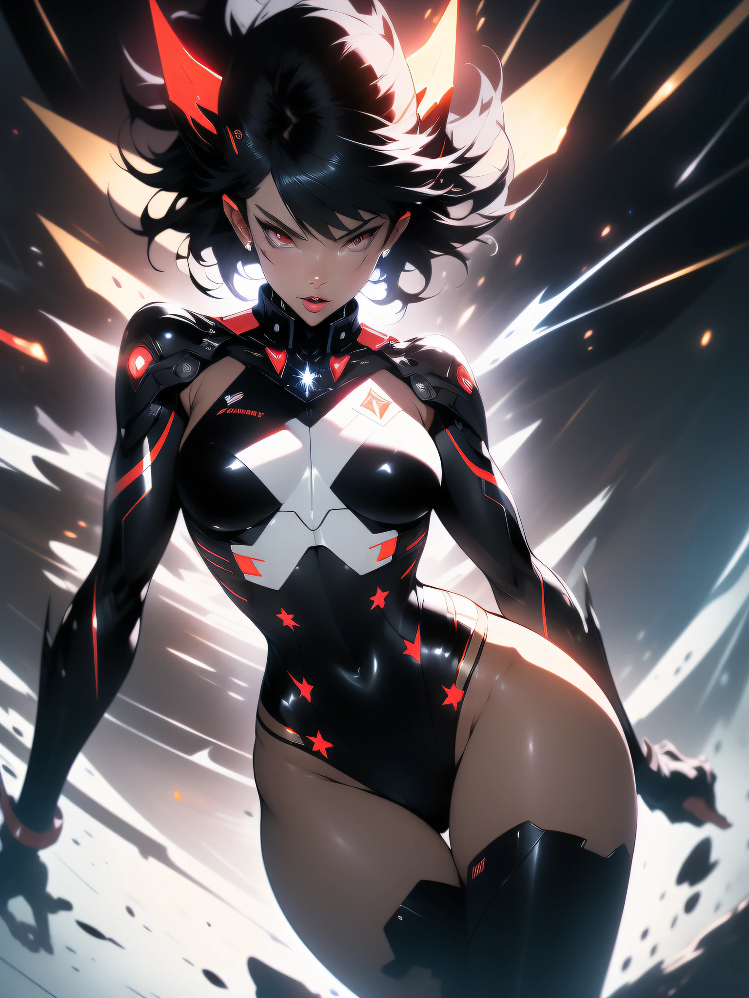 ((Best quality)), ((masterpiece)), (detailed: 1.4), (Absurd), furious princess, ((action pose)), (((woman with all-black graphite-colored skin)))), ready for war, black kinetic skin with exposed black muscles, hot woman, sculptural body with defined muscles, closed mouth, muscular body covered by a micro bikini, whole body covered by gold stars, ((medium breasts)), (eyes with heavy and very black makeup without pupils),  (((short black hair style Ryuko Matoi)), (stars covering the body), ((drawings of golden stars on the arms)), very long eyelashes, heavy eye makeup, lots of jewelry, by mucha, niji --V5, close to real, psychopath, crazy face, sexy pose, background with a giant Gundam-style Robot head, 2 piece clothing, pastel, centered, scale to fit the dimensions,  HDR (High Dynamic Range),Ray Tracing,NVIDIA RTX,Super-Resolution,Unreal 5,Subsurface Dispersion, PBR Texture, Post-processing, Anisotropic filtering, Depth of field, Maximum clarity and sharpness, Multilayer textures, Albedo and specular maps, Surface shading, Accurate simulation of light-material interaction, Perfect proportions, Octane Render, Two-tone lighting, Wide aperture, Low ISO, White balance, Rule of thirds,  8K RAW, crysisnanosuit