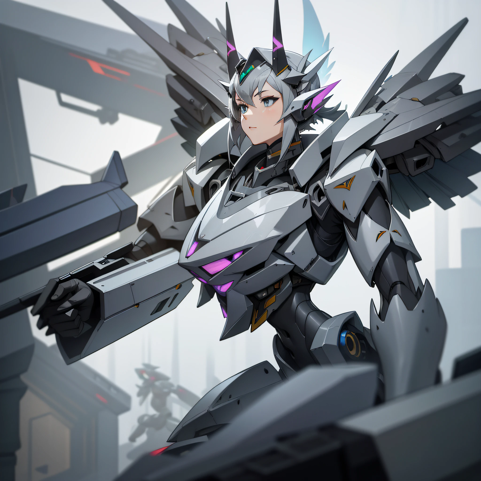 Mecha Fairy, silver robotic fairy wings, grey mecha armor, grey mecha helm with a silver horn, hoving amist a grey sky, masterpiece, best quality
