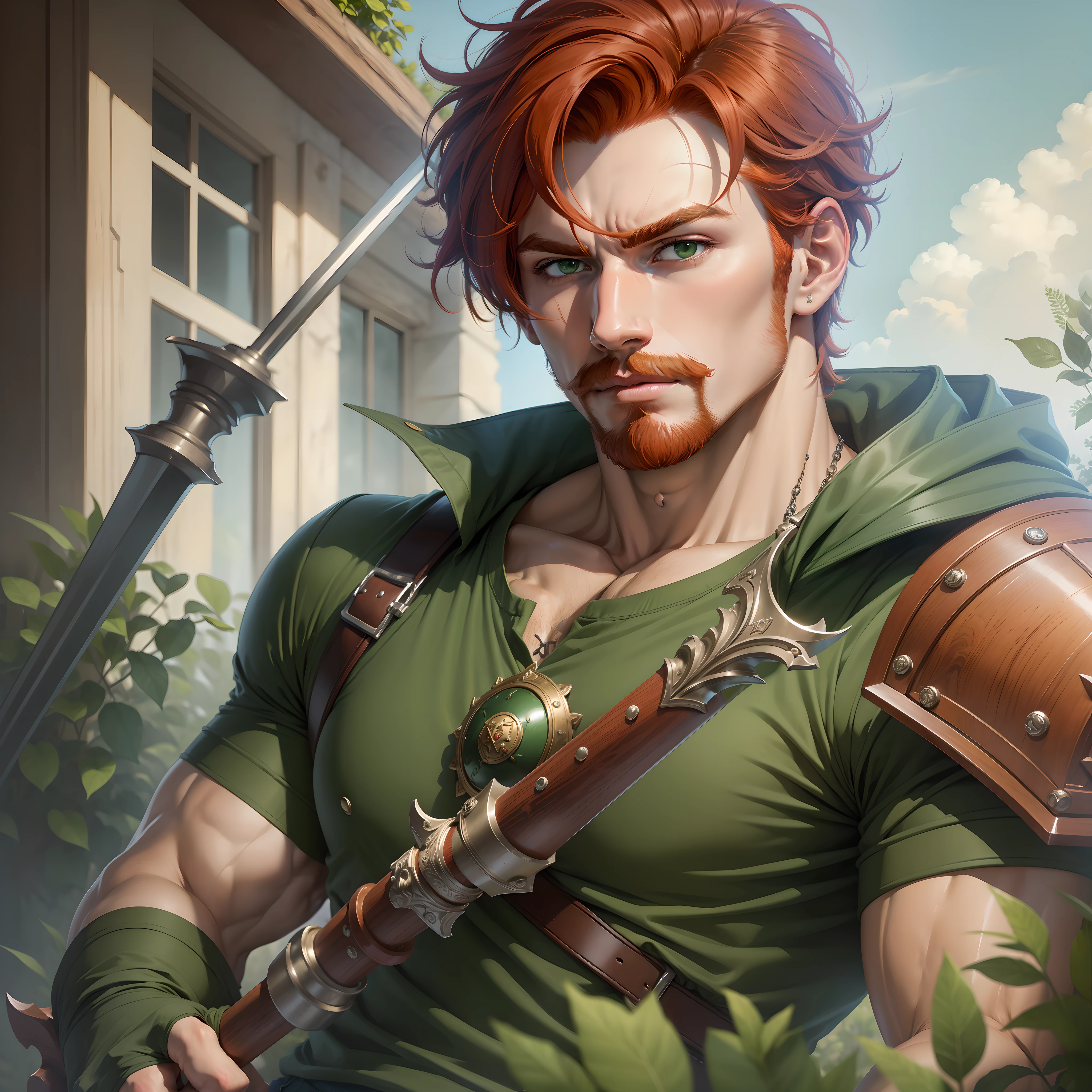 ((masterpiece, best quality)), Man, strong, reddish hair, short hair, green shirt, holding a halberd