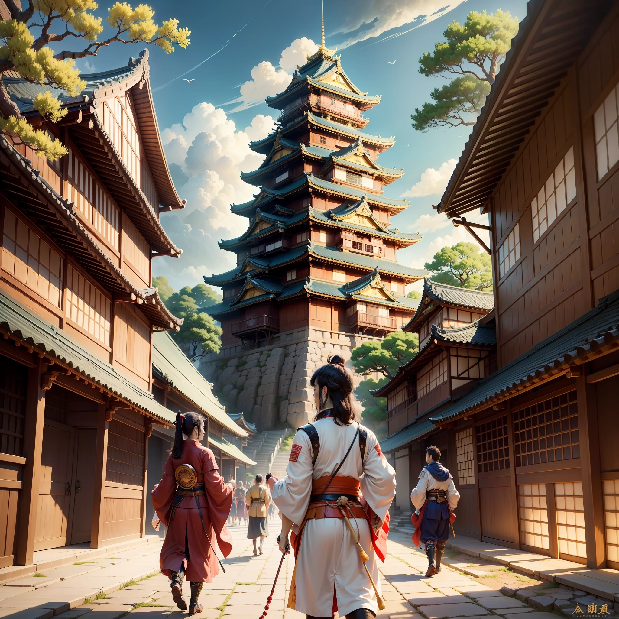 masterpiece, 8K, high quality, Sengoku period Japan, Osaka Castle, Sanada Yukimura, Sanada Maru, landscape, crowd, studio Ghibli style, very complex, very detailed, photorealism style --auto --s2