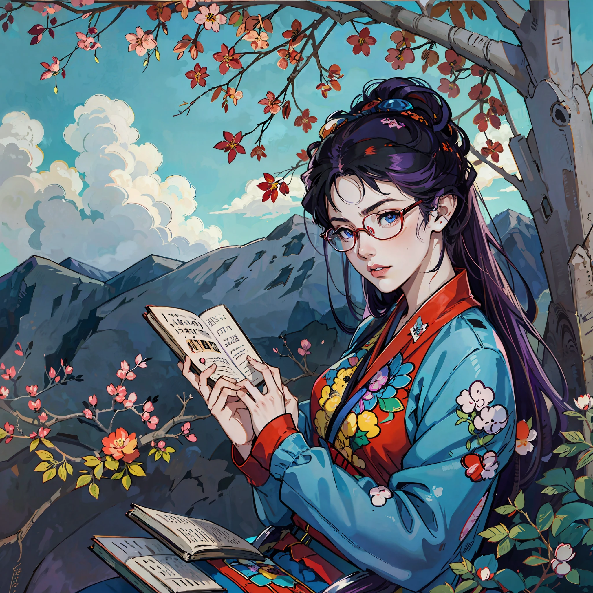 1girl, purple hair, glasses, red water eyes, black outfit with hello kitty print, realistic anime art, sitting under a tree, top of a mountain, reading a book, beautiful sky, 8k quality --auto --s2