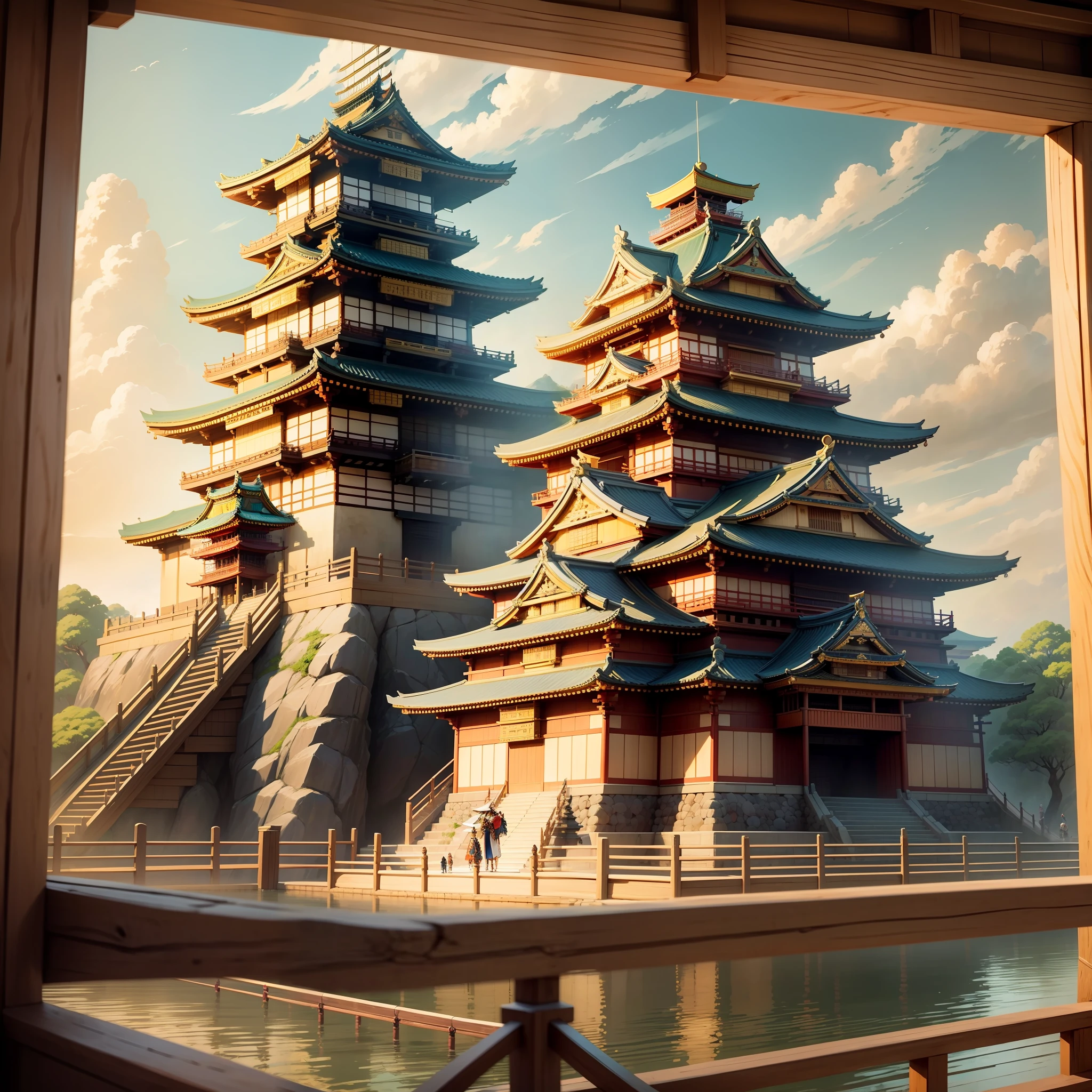 masterpiece, 8K, high quality, Sengoku period Japan, Osaka Castle, Sanada Yukimura, Sanada Maru, landscape, crowd, studio Ghibli style, very complex, very detailed, photorealism style --auto --s2