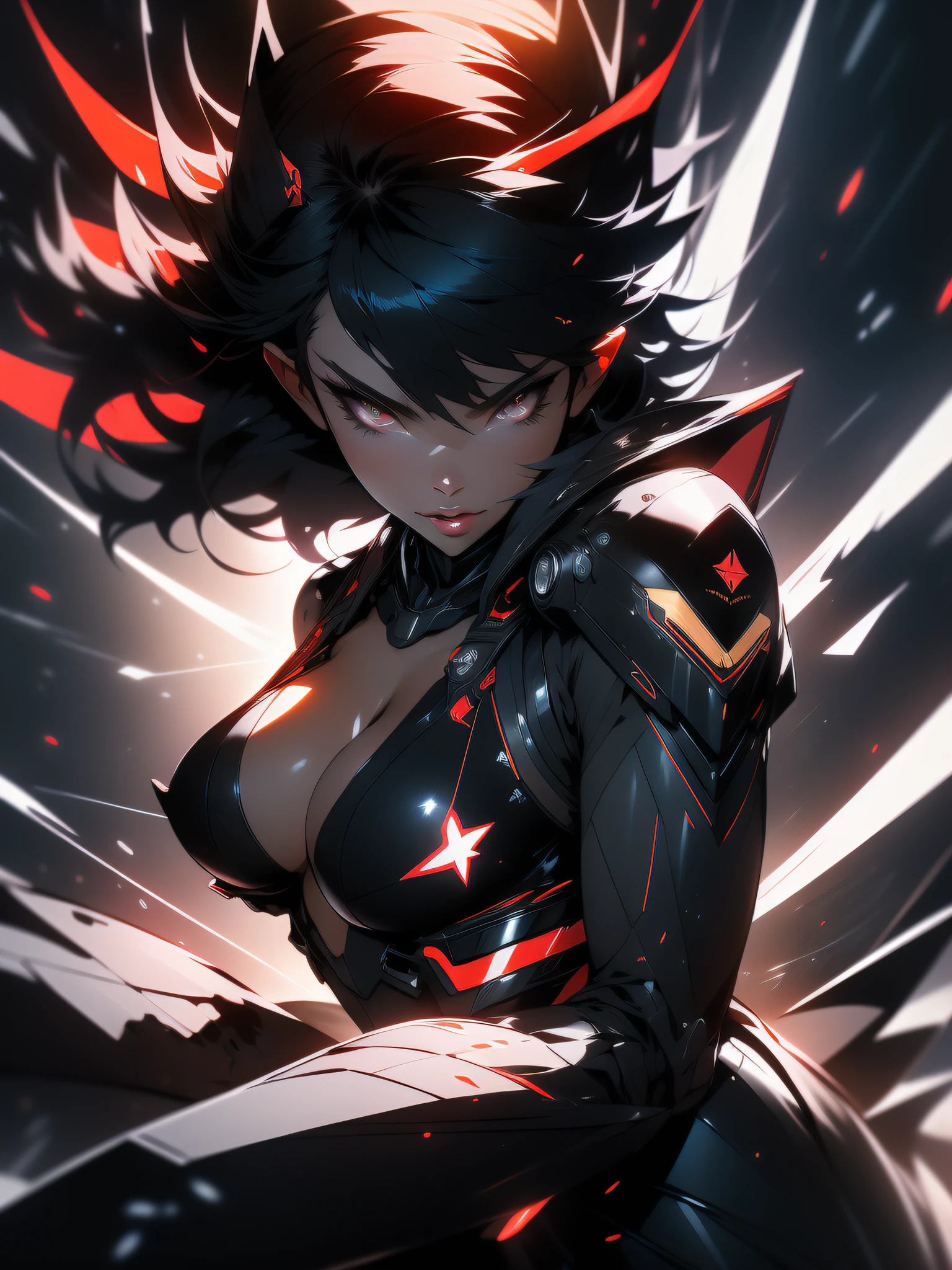 ((Best quality)), ((masterpiece)), (detailed: 1.4), (Absurd), furious princess, ((action pose)), (((woman with all-black graphite-colored skin)))), ready for war, black kinetic skin with exposed black muscles, hot woman, sculptural body with defined muscles, closed mouth, muscular body covered by a micro bikini, whole body covered by gold stars, ((medium breasts)), (eyes with heavy and very black makeup without pupils), (((short black hair style Ryuko Matoi)), (stars covering the body), ((drawings of golden stars on the arms)), very long eyelashes, heavy eye makeup, lots of jewelry, by mucha, niji --V5, close to real, psychopath, crazy face, sexy pose, background with a giant Gundam-style Robot head, 2 piece clothing, pastel, centered, scale to fit the dimensions, HDR (High Dynamic Range),Ray Tracing,NVIDIA RTX,Super-Resolution,Unreal 5,Subsurface Dispersion, PBR Texture, Post-processing, Anisotropic filtering, Depth of field, Maximum clarity and sharpness, Multilayer textures, Albedo and specular maps, Surface shading, Accurate simulation of light-material interaction, Perfect proportions, Octane Render, Two-tone lighting, Wide aperture, Low ISO, White balance, Rule of thirds, 8K RAW, crysisnanosuit