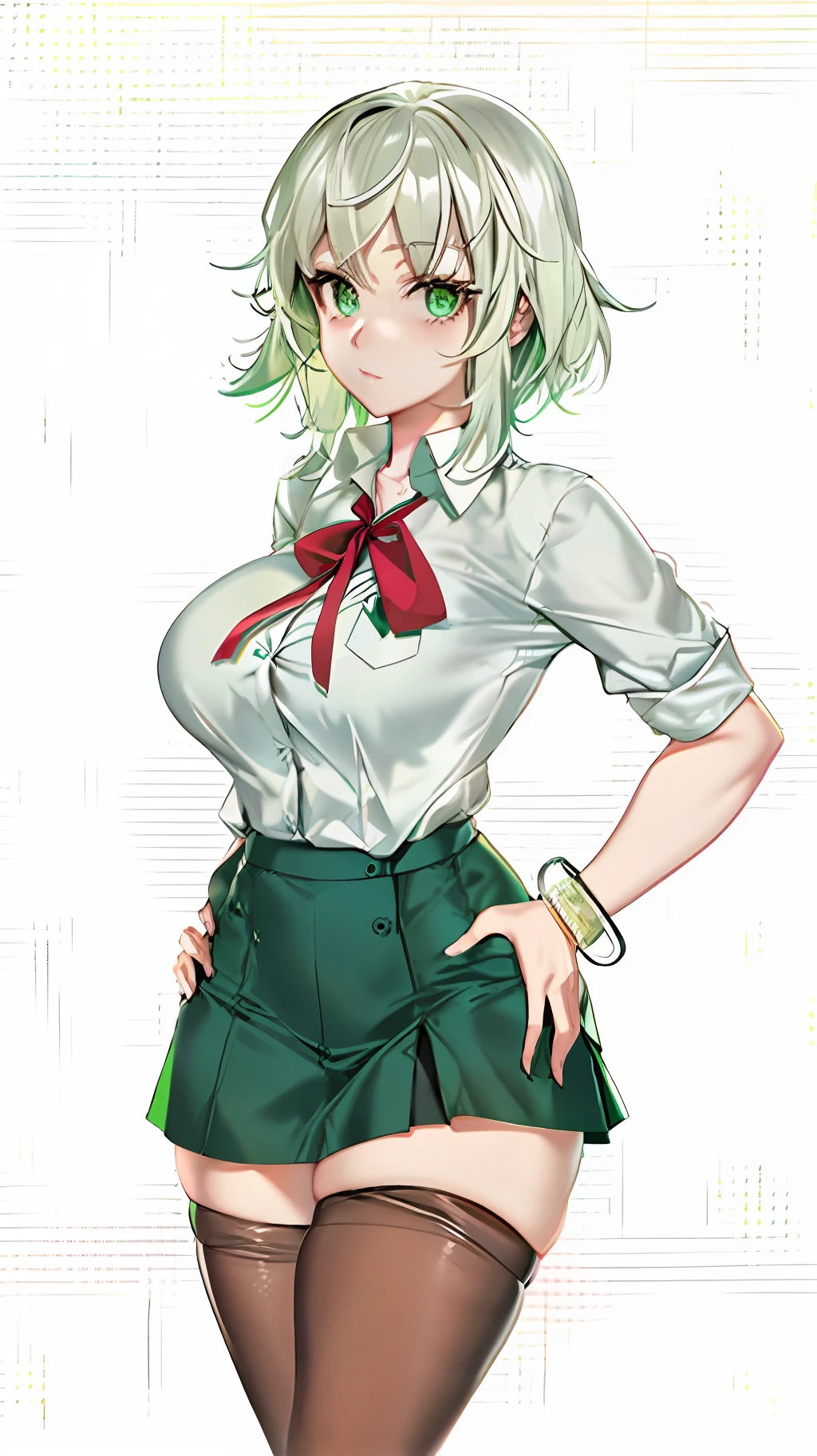 Anime girl with green eyes and a short skirt, realistic student, wearing a school uniform, perfect short white haired girl, medium boobs, thicc legs, hands on waist, bracelets, beautiful girl, a hyperrealistic student, pantyhose,