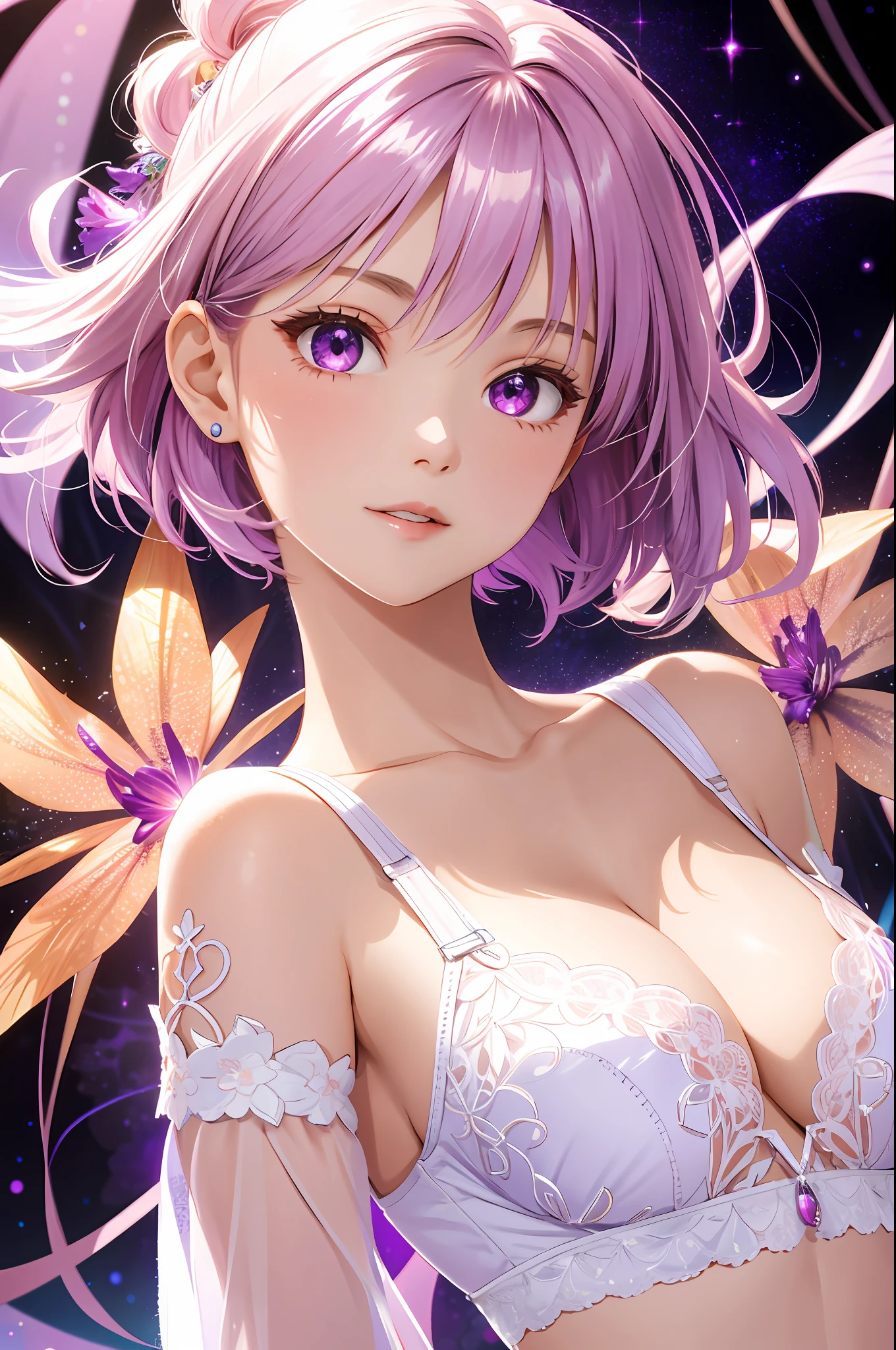 Absurdity, High Resolution, (Close-up:1.4), Side-View,Upper Body,1 Girl,Glowing Hair, Glowing Purple Eyes,Fractal Art, Complex Background, (Fancy Background:1.3), (Colorful Background:1.2), Flashy Effects, (bellFlower Effects:1.2), DNA Effects, White Effects, (Light Color Scheme:1.2) Break shiny brown hair and pink inner color, Sidecut bob, shiny skin, light purple embroidery on white base beautiful underwear in details, cleavage,
