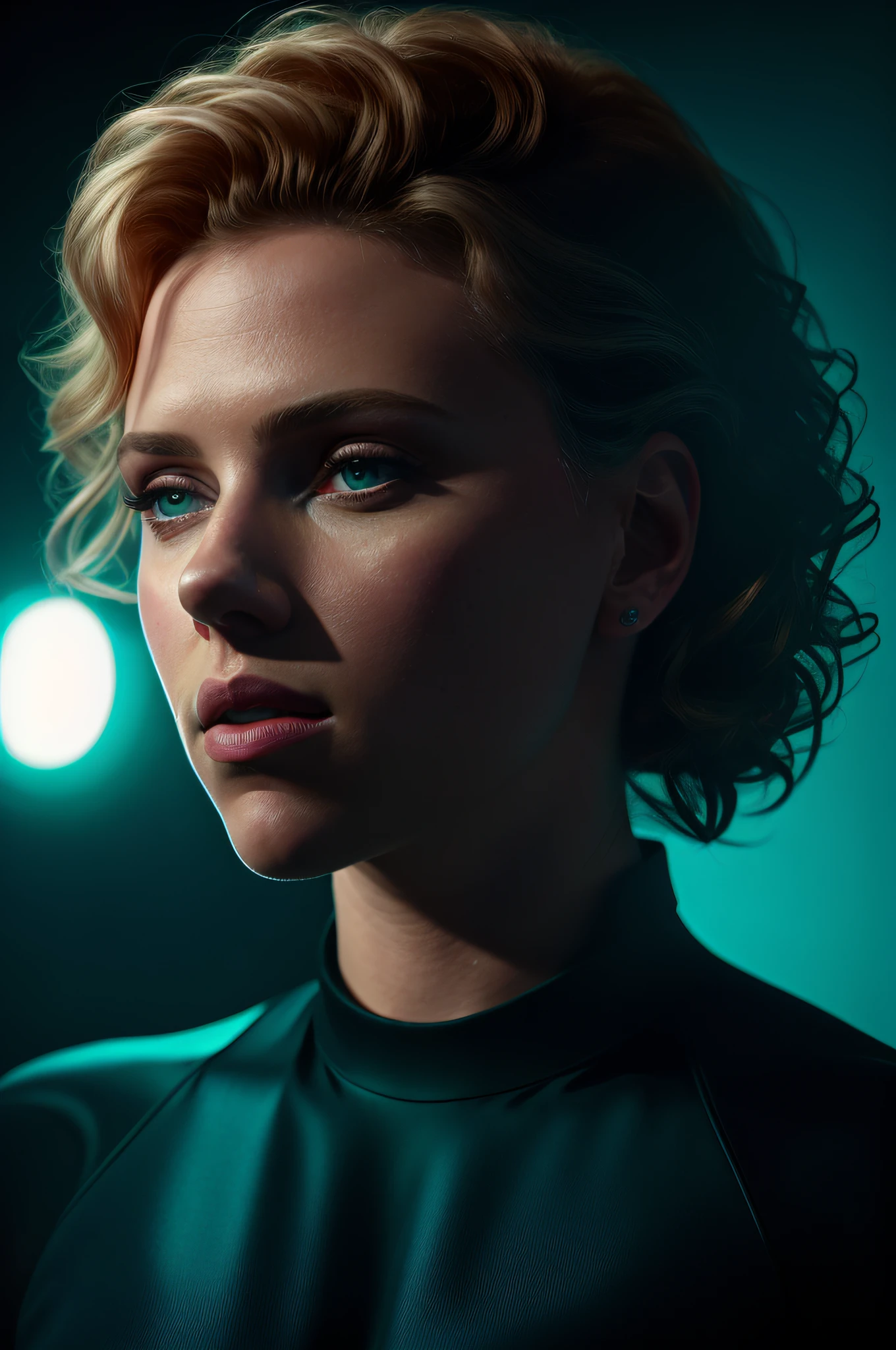 portrait of an award-winning photo of Scarlett Johansson, posing in a dark studio, (rim lighting,: 1.4) two-tone lighting, sharp focus, teal hue, octane, unreal, dimly lit, low key,