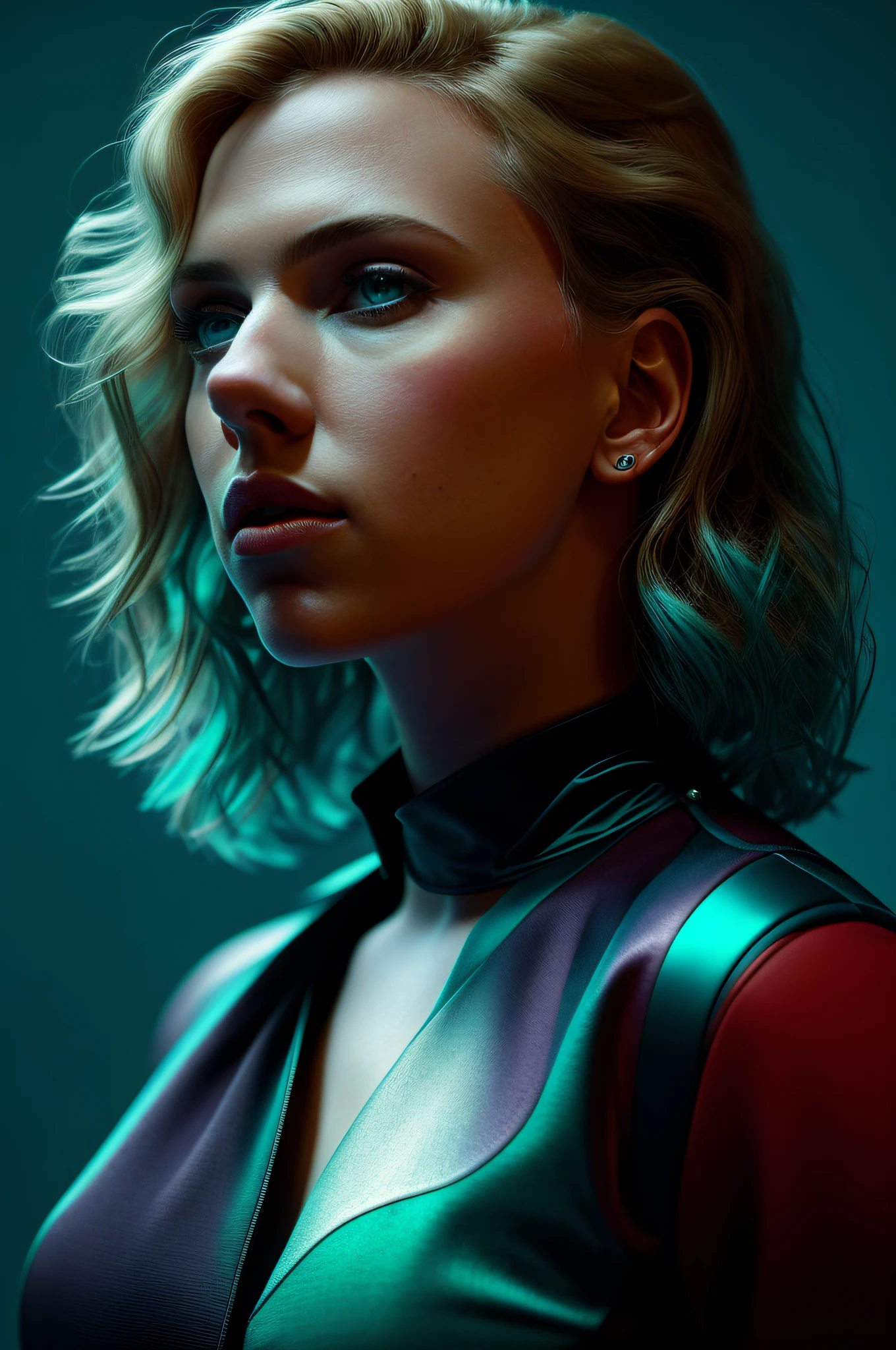 portrait of an award-winning photo of Scarlett Johansson, posing in a dark studio, (rim lighting,: 1.4) two-tone lighting, sharp focus, teal hue, octane, unreal, dimly lit, low key,