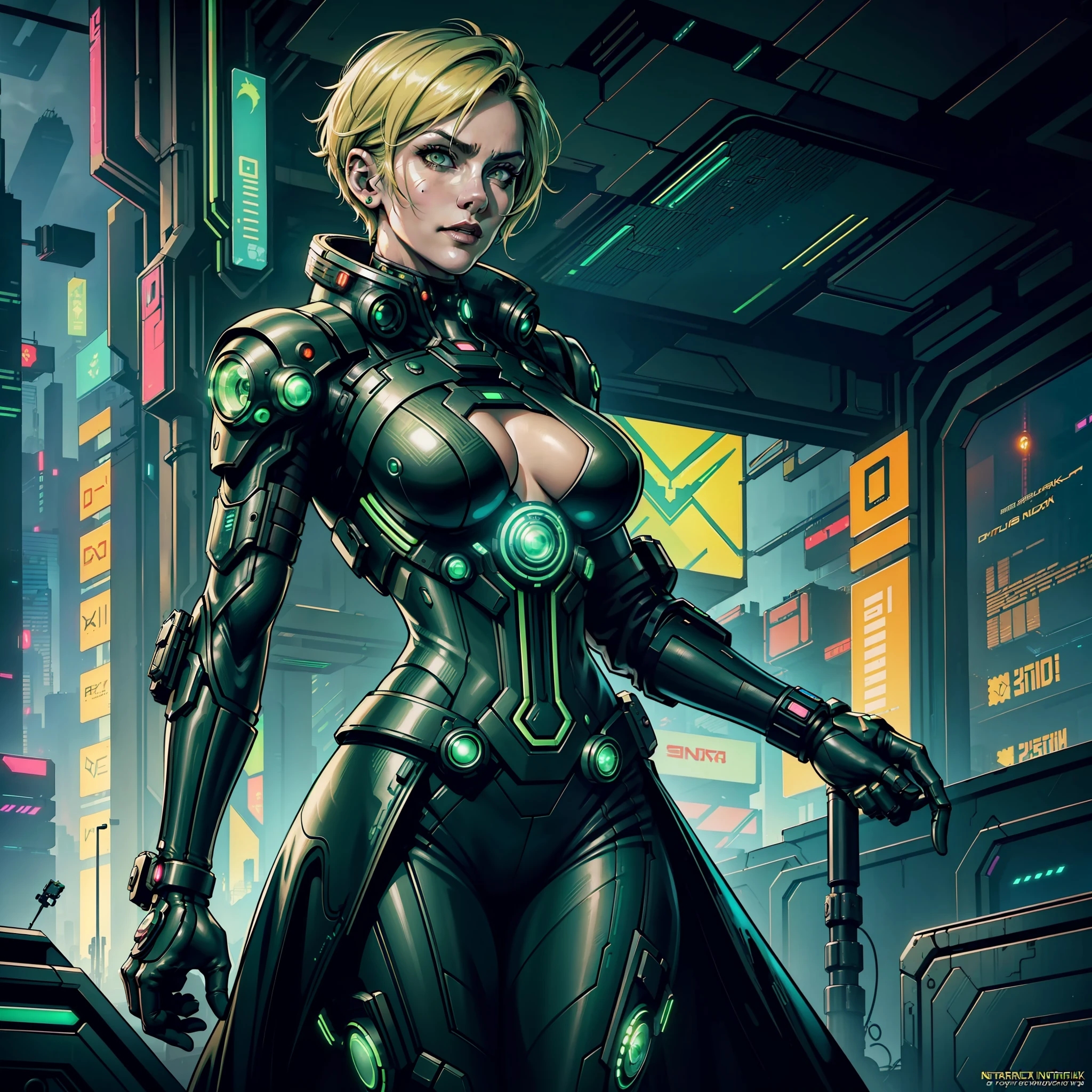 A closeup of a woman in a futuristic costume, full torso, full torso shot, cyberpunk character art, stellar character art, metabaron, science fiction, scifi, shadowrun character art, cyberpunk hero, portrait of a cyberpunk woman, epic scifi character art, cyberpunk character, cyberpunk digital painting, sci-fi epic character art, sci-fi epic character art, round iris, ((green eyes))), perfect, intricate, complex eyes, Helios 44-2, ((short blonde hair)), happy face, Kate Winslet's face, ((cyberpunk green and black futuristic combat suit)), ((dark cyberpunk background)), (neon lights), natural lighting, detailed background, bokeh, 8k, :: best quality, :: masterpiece, :: insanely detailed:1.5