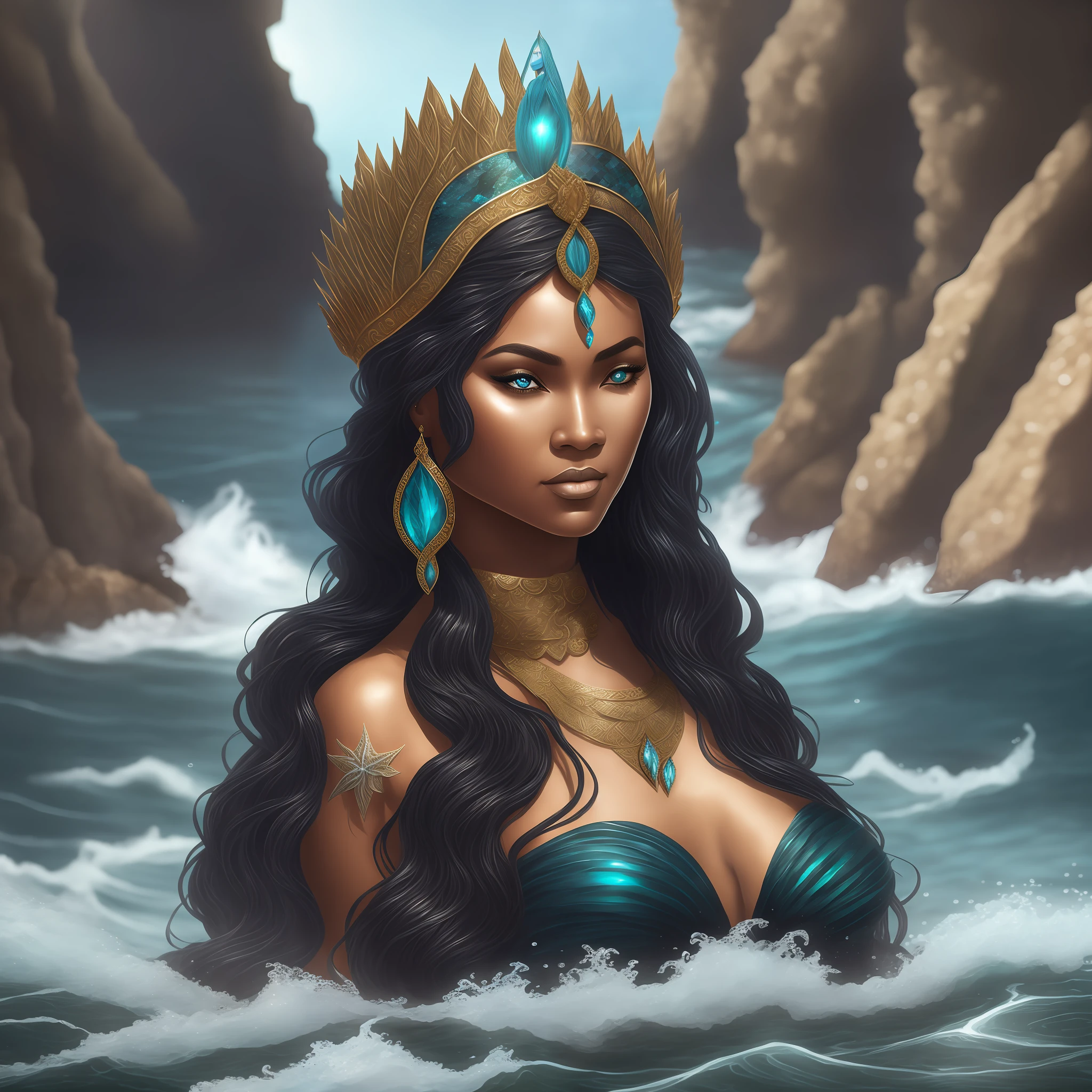 arafed woman in a black dress in the water with a crown on her head, goddess of the ocean, goddess of the sea, portrait of mermaid warrior, detailed matte fantasy portrait, a stunning portrait of a goddess, epic 3 d yemaya, goddess. extremely high detail, portrait of a beautiful goddess, portrait of mermaid queen, epic fantasy digital art style