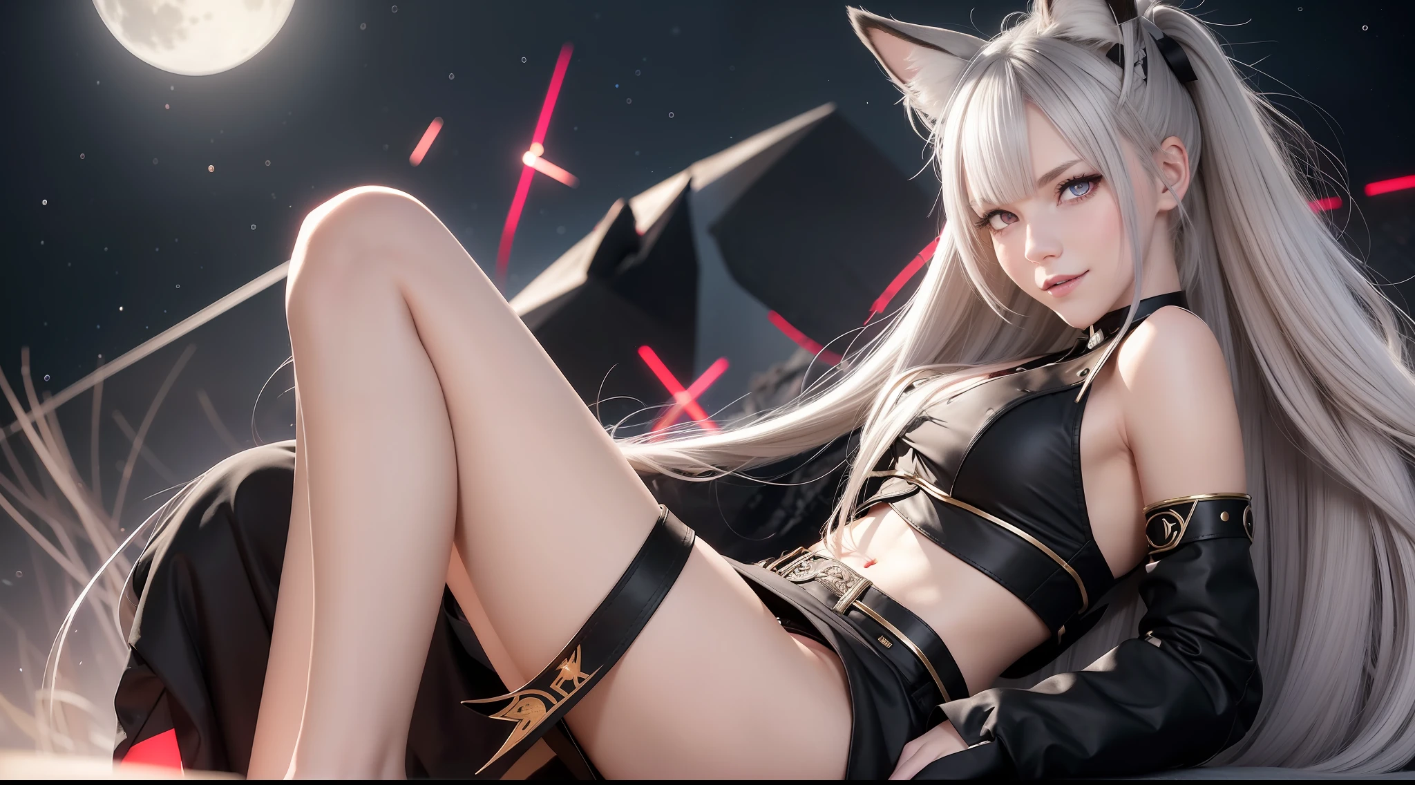 Sit down, Leg elevation, Crop top. Skinny shorts, Starry sky background, Pitch black sky, The looming moon, Three red shark gill stripes on the forehead, streaked hair, silver hair, blonde hair, side swept bangs, very long hair, folded ponytail, expressive hair, big hair, huge ahoge, hair flower, ribbon, raised eyebrows, gradient eyes, heterochromia, red eyes, fox ears, covering eyes, forehead mark, light smile, evil smile, jitome, ray tracing, stereogram, wide shot, masterpiece, ccurate, anatomically correct, high details, high quality, best quality, highres