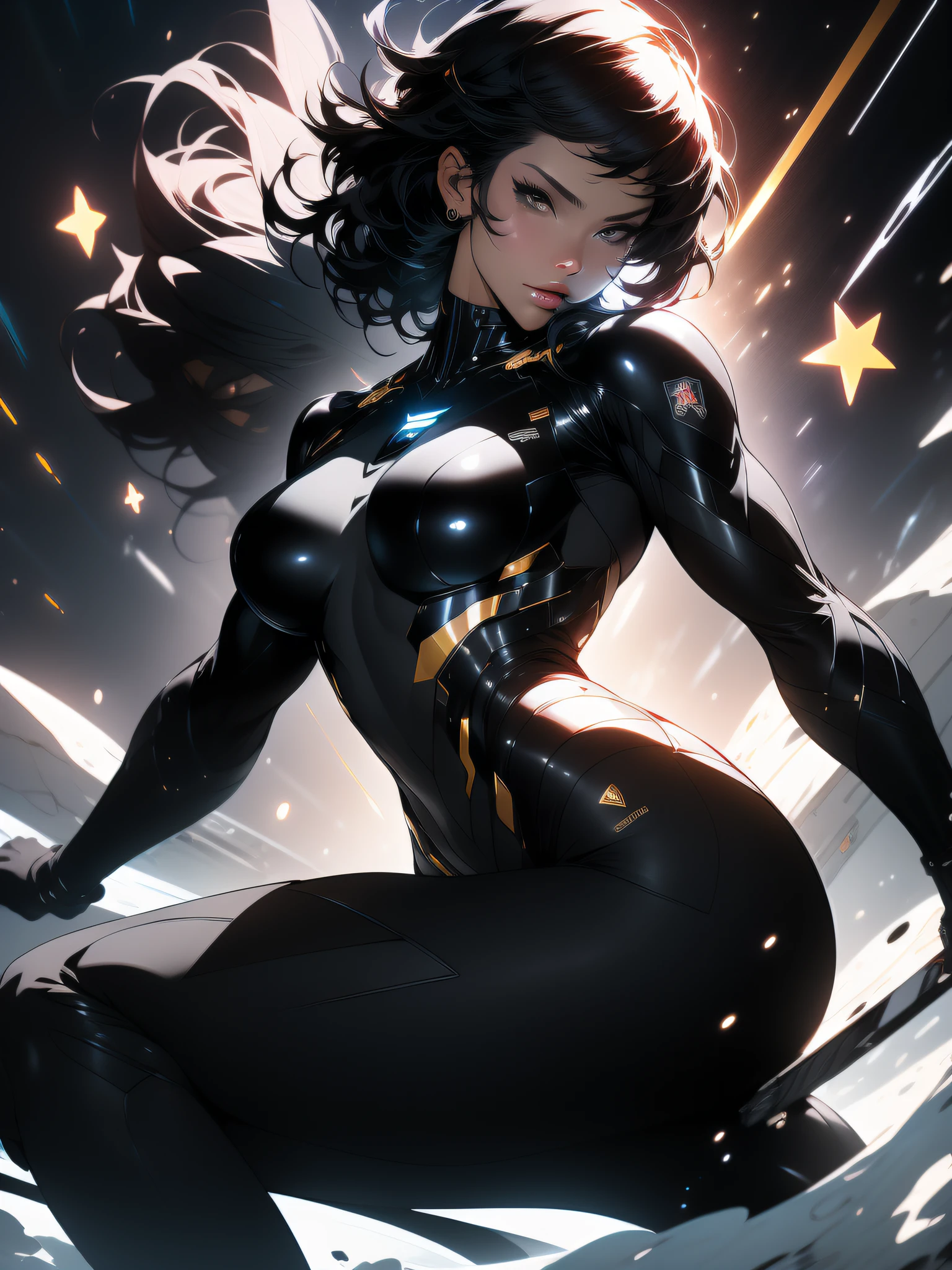 ((Best quality)), ((masterpiece)), (detailed: 1.4), (Absurd), furious princess, ((action pose)), (((woman with all-black graphite-colored skin)))), ready for war, black kinetic skin with exposed black muscles, hot woman, sculptural body with defined muscles, closed mouth, muscular body covered by a micro bikini, whole body covered by gold stars, ((medium breasts)), (eyes with heavy and very black makeup without pupils), (((short black hair style colonel Motoko)), (stars covering the body), ((drawings of golden stars on the arms)), very long eyelashes, heavy eye makeup, lots of jewelry, by mucha, niji --V5, close to real, psychopathic, crazy face, sexy pose, background with a giant Gundam style robot head, 2 piece clothing, pastel, centered, scale to fit the dimensions, HDR (High Dynamic Range),Ray Tracing,NVIDIA RTX,Super-Resolution,Unreal 5,Subsurface Dispersion, PBR Texture, Post-processing, Anisotropic filtering, Depth of field, Maximum clarity and sharpness, Multilayer textures, Albedo and specular maps, Surface shading, Accurate simulation of light-material interaction, Perfect proportions, Octane Render, Two-tone lighting, Wide aperture, Low ISO, White balance, Rule of thirds, 8K RAW, crysisnanosuit