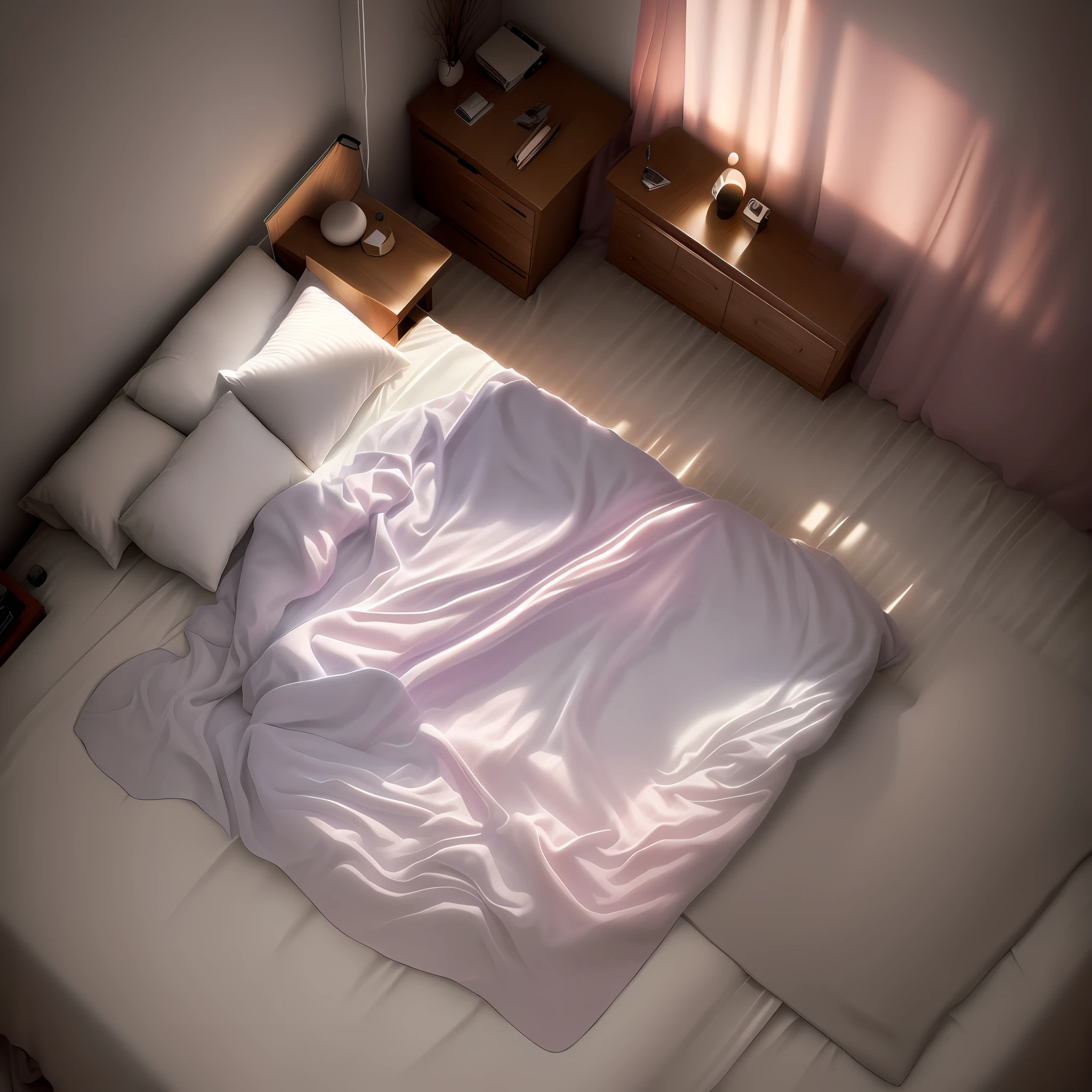À la fed view of bed with white sheets, white futon, blanket and 2 nightstands, 8K sensual lighting, soft ambient lighting, realistic soft lighting, hyper realistic lighting, ultra realistic lighting, 8k stereoscopic lighting. Surreal Lighting, Photorealistic Lighting, Realistic Movie Lighting, Bedroom, Photorealistic Low Lighting