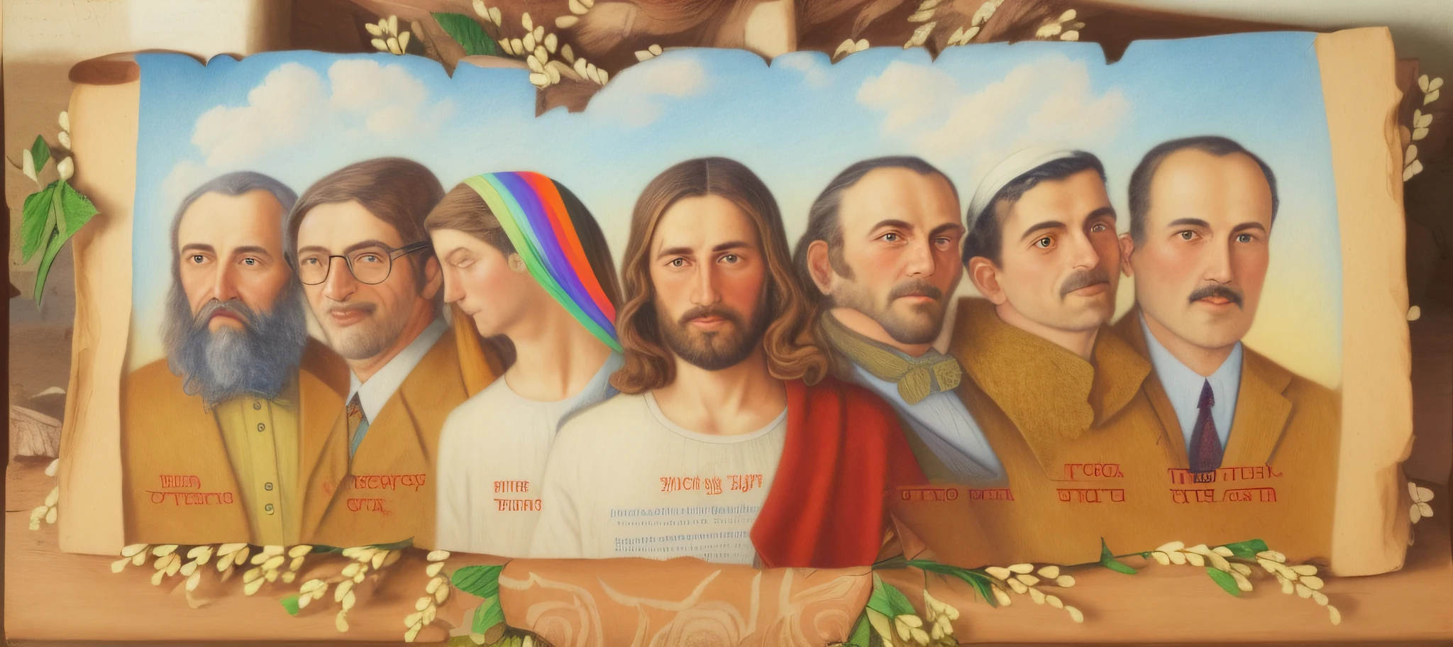 realistic drawing of a group of people on a piece of paper, by Israel Tsvaygenbaum, by Rudolf Koller, religious painting, by Izidor Kršnjavi, still of rainbow ofan, by Hristofor Zhefarovich, by Julius Hatofsky, by Isidor Kaufman, by Edward Ben Avram, perfect color, 32k