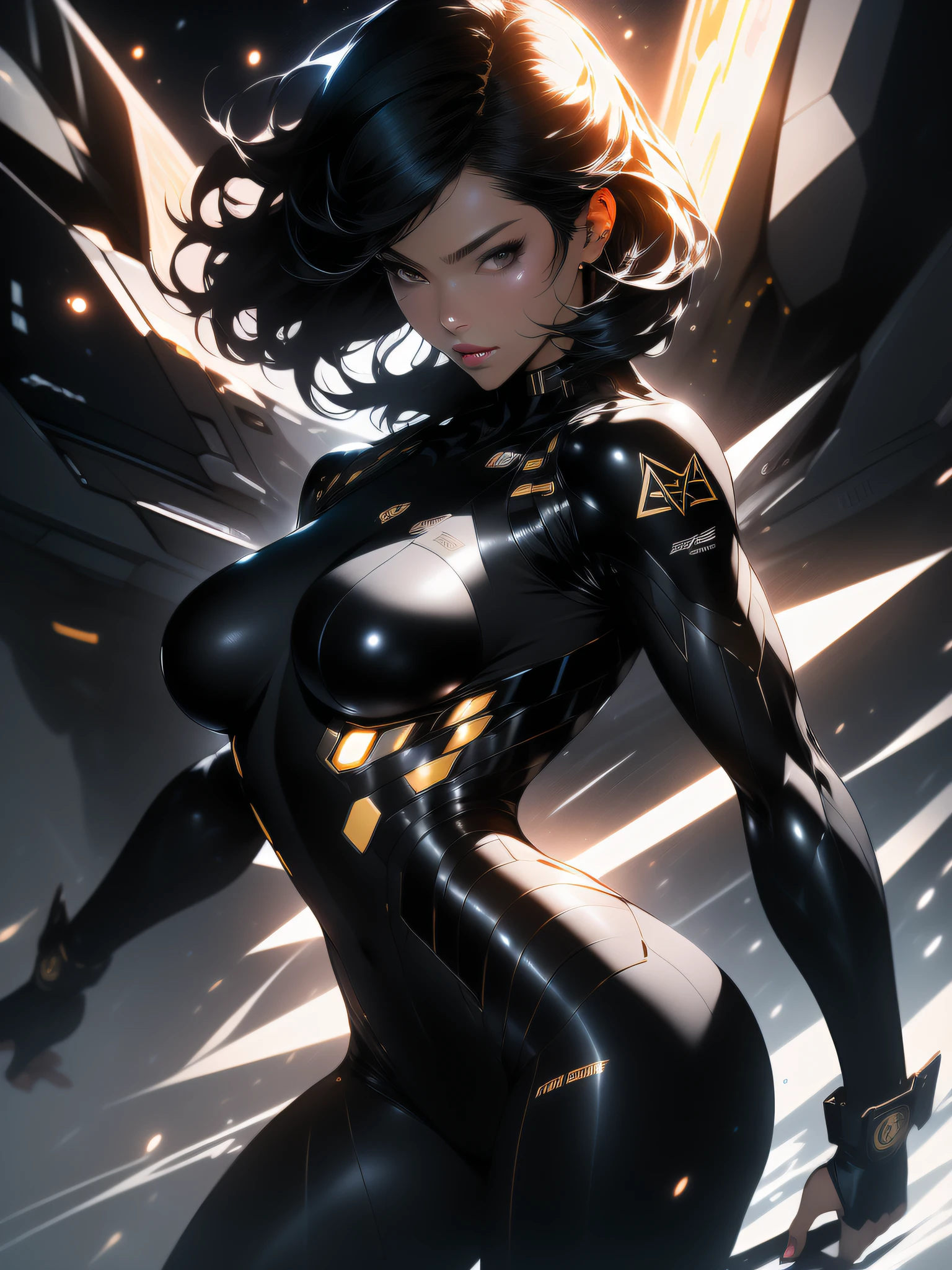 ((Best quality)), ((masterpiece)), (detailed: 1.4), (Absurd), furious princess, ((action pose)), (((woman with all-black graphite-colored skin)))), ready for war, black kinetic skin with exposed black muscles, hot woman, sculptural body with defined muscles, closed mouth, muscular body covered by a micro bikini, whole body covered by gold stars, ((medium breasts)), (eyes with heavy and very black makeup without pupils), (((short black hair style colonel Motoko)), (stars covering the body), ((drawings of golden stars on the arms)), very long eyelashes, heavy eye makeup, lots of jewelry, by mucha, niji --V5, close to real, psychopathic, crazy face, sexy pose, background with a giant Gundam style robot head, 2 piece clothing, pastel, centered, scale to fit the dimensions, HDR (High Dynamic Range),Ray Tracing,NVIDIA RTX,Super-Resolution,Unreal 5,Subsurface Dispersion, PBR Texture, Post-processing, Anisotropic filtering, Depth of field, Maximum clarity and sharpness, Multilayer textures, Albedo and specular maps, Surface shading, Accurate simulation of light-material interaction, Perfect proportions, Octane Render, Two-tone lighting, Wide aperture, Low ISO, White balance, Rule of thirds, 8K RAW, crysisnanosuit