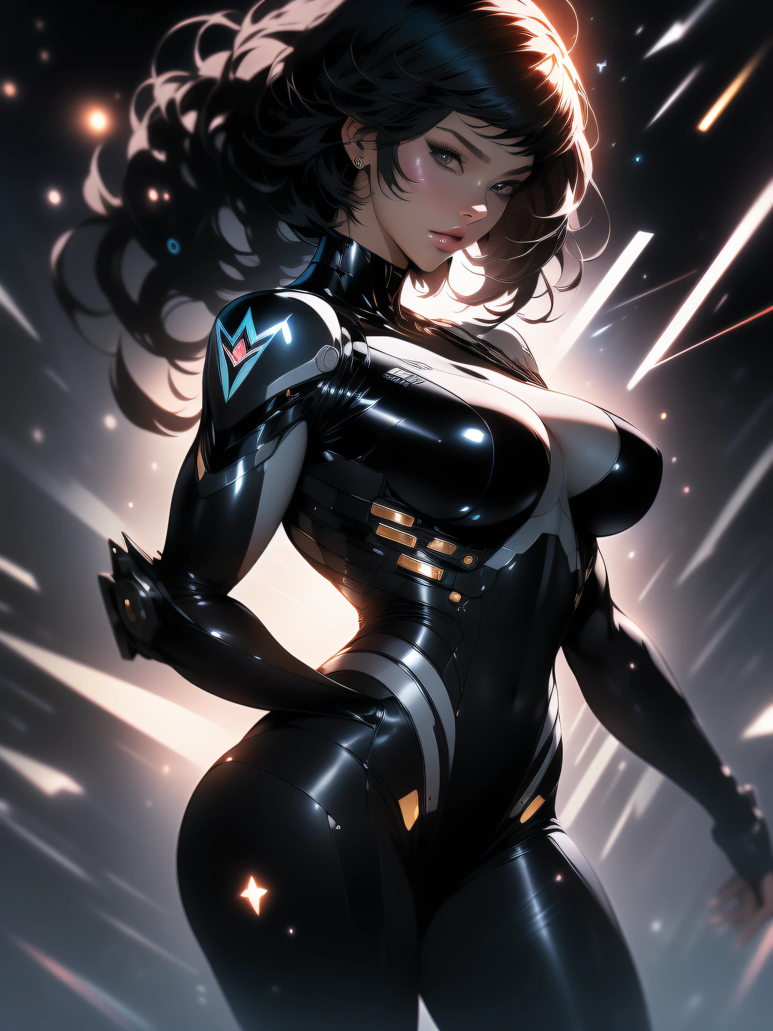 ((Best quality)), ((masterpiece)), (detailed: 1.4), (Absurd), furious princess, ((action pose)), (((woman with all-black graphite-colored skin)))), ready for war, black kinetic skin with exposed black muscles, hot woman, sculptural body with defined muscles, closed mouth, muscular body covered by a micro bikini, whole body covered by gold stars, ((medium breasts)), (eyes with heavy and very black makeup without pupils), (((short black hair style colonel Motoko)), (stars covering the body), ((drawings of golden stars on the arms)), very long eyelashes, heavy eye makeup, lots of jewelry, by mucha, niji --V5, close to real, psychopathic, crazy face, sexy pose, background with a giant Gundam style robot head, 2 piece clothing, pastel, centered, scale to fit the dimensions, HDR (High Dynamic Range),Ray Tracing,NVIDIA RTX,Super-Resolution,Unreal 5,Subsurface Dispersion, PBR Texture, Post-processing, Anisotropic filtering, Depth of field, Maximum clarity and sharpness, Multilayer textures, Albedo and specular maps, Surface shading, Accurate simulation of light-material interaction, Perfect proportions, Octane Render, Two-tone lighting, Wide aperture, Low ISO, White balance, Rule of thirds, 8K RAW, crysisnanosuit