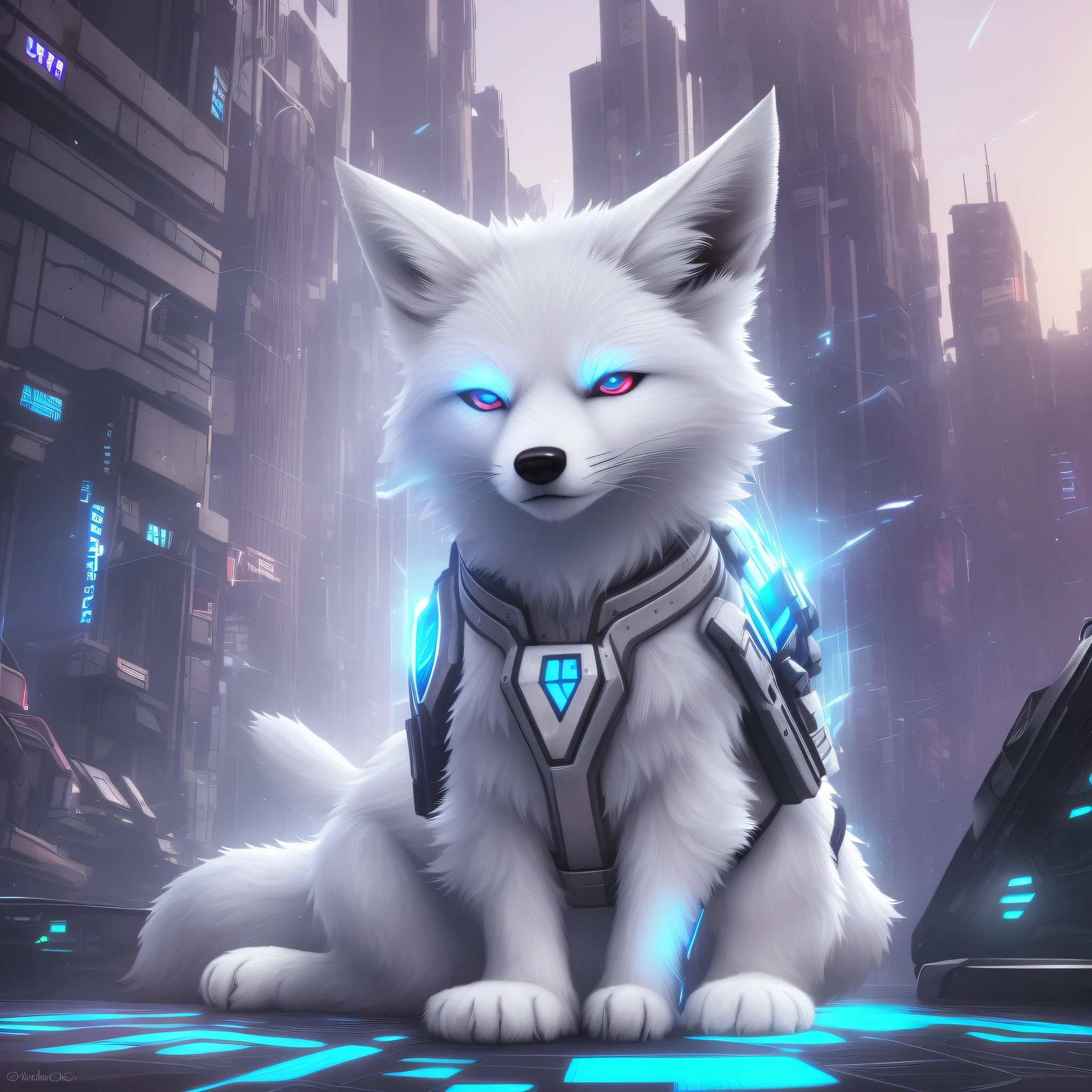 a close up of a white dog with blue eyes sitting on a city street, an anthropomorphic cyberpunk fox, furry digital art, furry fantasy art, very very beautiful furry art, art of silverfox, white fox, cyberpunk cat, ethereal fox, digital fox, white - haired fox, husky in shiny armor, white fox anime, fursona art