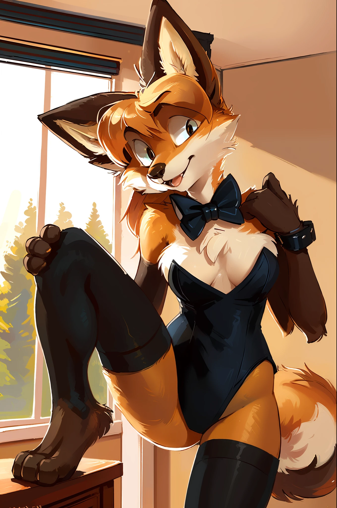 averi, fox girl, big chest, day, sexy, sensual, detailed, uploaded to e621, beautiful and detailed portrait of an anthropomorphic vixen ((woman))) kenket, Ross Tran, ruan jia, uploaded to e621, zaush, foxovh, movie lighting, bedroom, sunset, open legs, leotard, pantyhose, playboy bunny, strapless, strapless leotard, wrist cuffs, black leotard, black pantyhose, bow, bow tie, bow tie,  neck apart, licking fingers