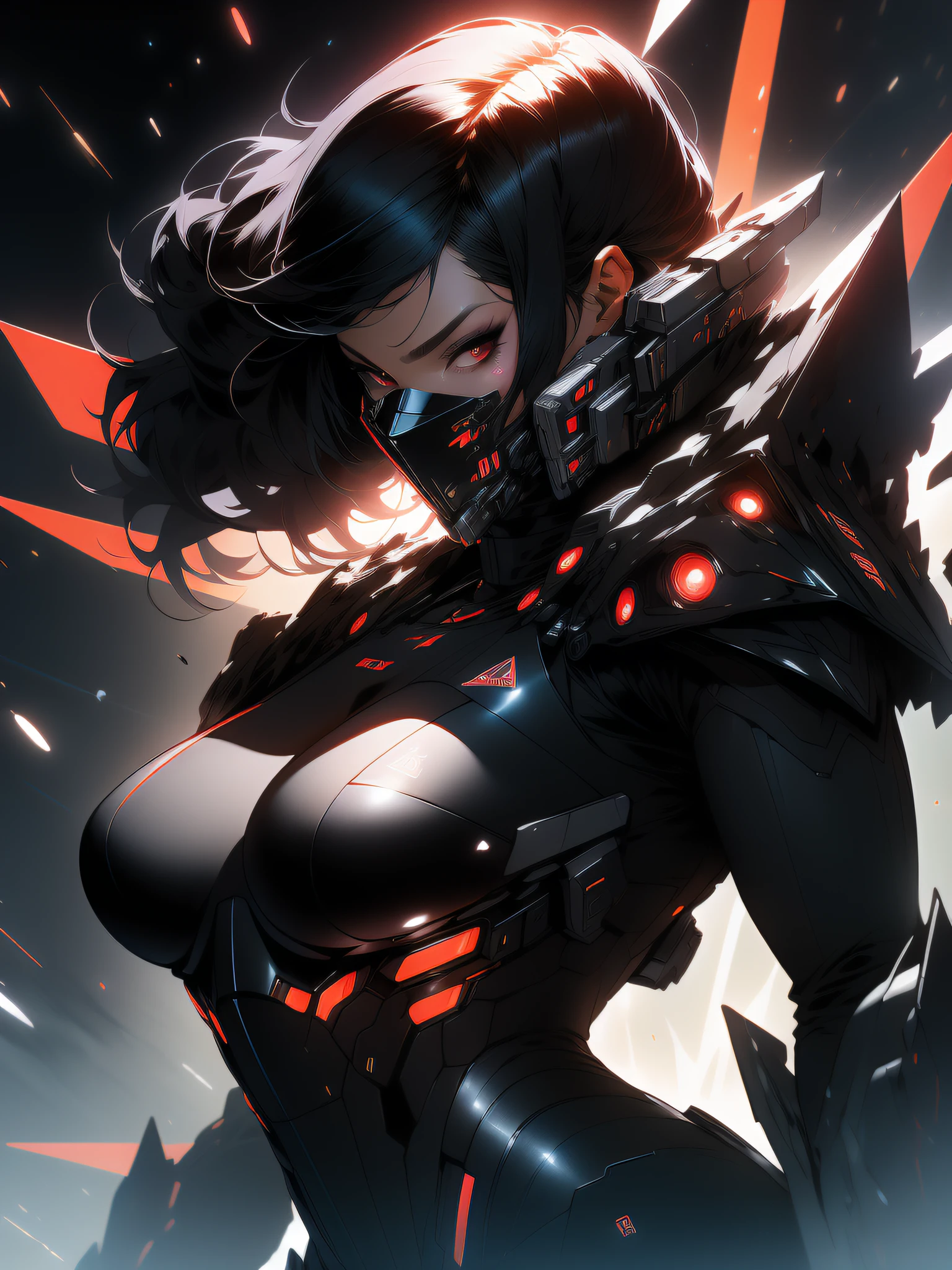 ((Best quality)), ((masterpiece)), (detailed: 1.4), (Absurd), angry princess, ((action pose)), (((woman with all-black graphite-colored skin)))), ((black mask with red eyes)), ready for war, black kinetic skin with exposed black muscles, hot woman, sculptural body with defined muscles, mouth closed, muscular body covered by a micro bikini, whole body covered by golden stars, ((medium breasts)), (eyes with heavy makeup and very black without pupils), (((short black hair Colonel Motoko style)), (stars covering the body), ((drawings of golden stars on the arms)), very long eyelashes, heavy eye makeup, lots of jewelry, by mucha, niji --V5, close to the real, psychopath, crazy face, sexy pose, background with a giant Gundam-style robot head, 2 piece clothing, pastel, centered, scale to fit dimensions, HDR (High Dynamic Range),Ray Tracing,NVIDIA RTX,Super-Resolution,Unreal 5,Subsurface dispersion, PBR texture, Post-processing, Anisotropic filtering, Depth of field, Maximum clarity and sharpness, Multilayer textures, Albedo and specular maps, Surface shading, Accurate simulation of light-material interaction, Perfect proportions, Octane Render, Two-tone lighting, Wide aperture, Low ISO, White balance, Rule of thirds, 8K RAW, crysisnanosuit