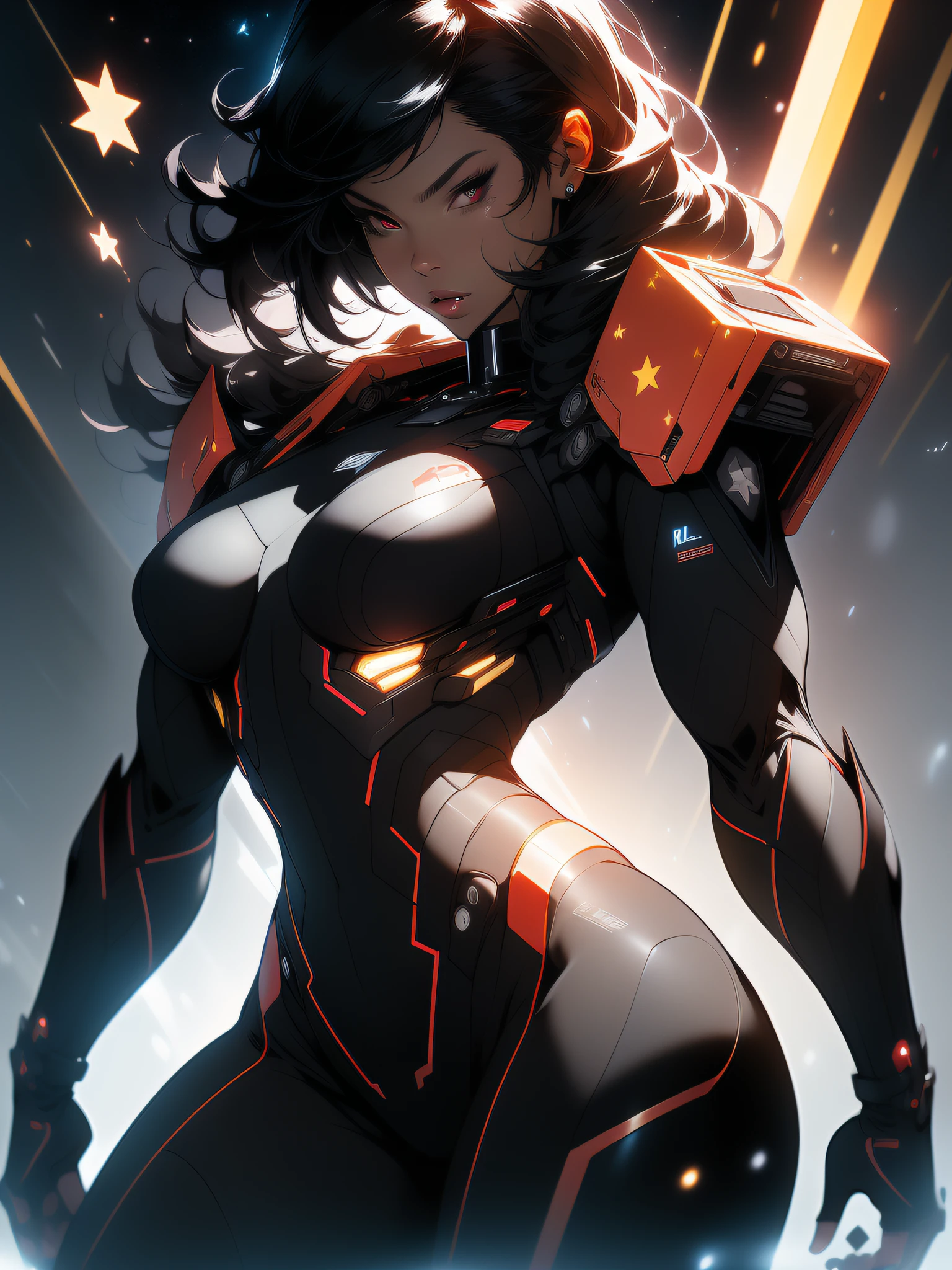 ((Best quality)), ((masterpiece)), (detailed: 1.4), (Absurd), angry princess, ((action pose)), (((woman with all-black graphite-colored skin)))), ((black mask with red eyes)), ready for war, black kinetic skin with exposed black muscles, hot woman, sculptural body with defined muscles, mouth closed, muscular body covered by a micro bikini, whole body covered by golden stars, ((medium breasts)), (eyes with heavy makeup and very black without pupils), (((short black hair Colonel Motoko style)), (stars covering the body), ((drawings of golden stars on the arms)), very long eyelashes, heavy eye makeup, lots of jewelry, by mucha, niji --V5, close to the real, psychopath, crazy face, sexy pose, background with a giant Gundam-style robot head, 2 piece clothing, pastel, centered, scale to fit dimensions, HDR (High Dynamic Range),Ray Tracing,NVIDIA RTX,Super-Resolution,Unreal 5,Subsurface dispersion, PBR texture, Post-processing, Anisotropic filtering, Depth of field, Maximum clarity and sharpness, Multilayer textures, Albedo and specular maps, Surface shading, Accurate simulation of light-material interaction, Perfect proportions, Octane Render, Two-tone lighting, Wide aperture, Low ISO, White balance, Rule of thirds, 8K RAW, crysisnanosuit