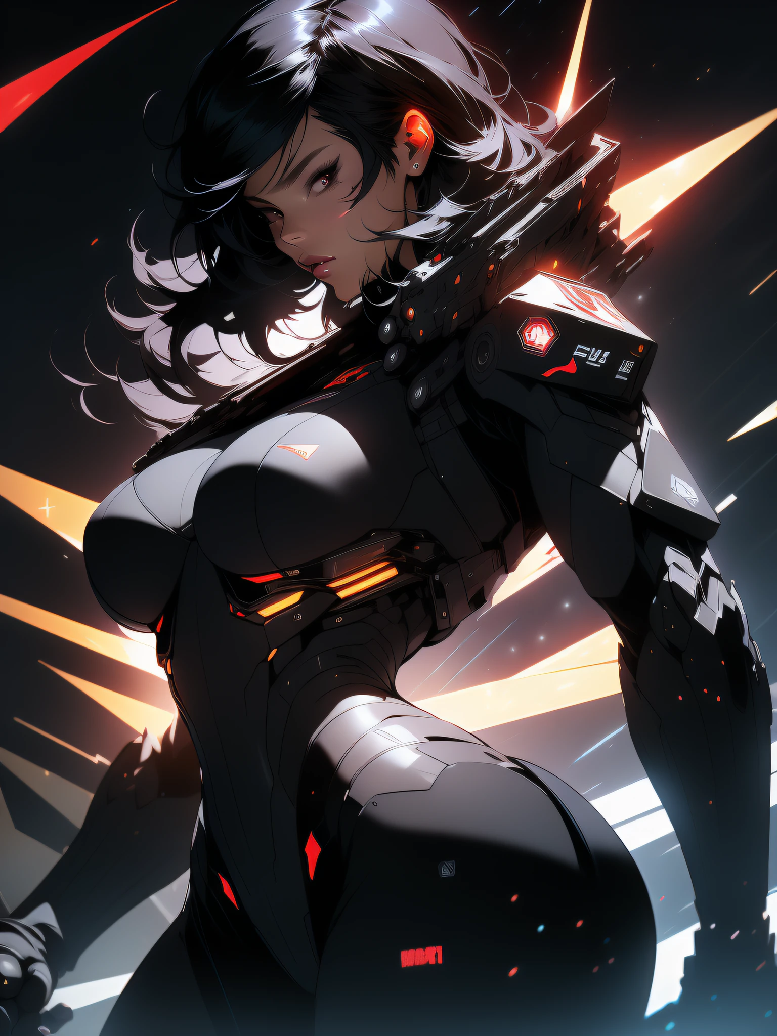((Best quality)), ((masterpiece)), (detailed: 1.4), (Absurd), angry princess, ((action pose)), (((woman with all-black graphite-colored skin)))), ((black mask with red eyes)), ready for war, black kinetic skin with exposed black muscles, hot woman, sculptural body with defined muscles, mouth closed, muscular body covered by a micro bikini, whole body covered by golden stars, ((medium breasts)), (eyes with heavy makeup and very black without pupils), (((short black hair Colonel Motoko style)), (stars covering the body), ((drawings of golden stars on the arms)), very long eyelashes, heavy eye makeup, lots of jewelry, by mucha, niji --V5, close to the real, psychopath, crazy face, sexy pose, background with a giant Gundam-style robot head, 2 piece clothing, pastel, centered, scale to fit dimensions, HDR (High Dynamic Range),Ray Tracing,NVIDIA RTX,Super-Resolution,Unreal 5,Subsurface dispersion, PBR texture, Post-processing, Anisotropic filtering, Depth of field, Maximum clarity and sharpness, Multilayer textures, Albedo and specular maps, Surface shading, Accurate simulation of light-material interaction, Perfect proportions, Octane Render, Two-tone lighting, Wide aperture, Low ISO, White balance, Rule of thirds, 8K RAW, crysisnanosuit