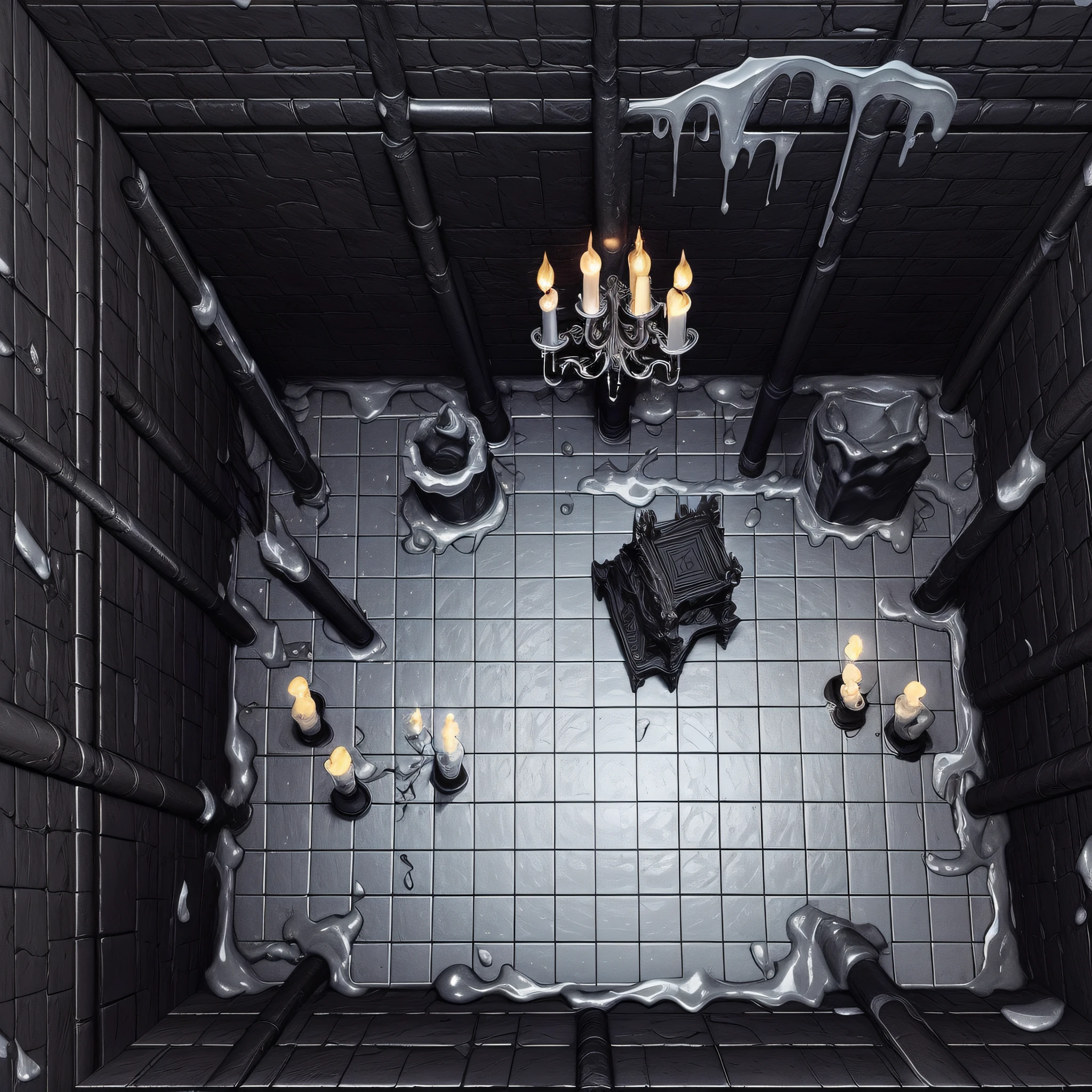 Castle room with melted candle on the walls, RPG scenery map, top view, dark, low lighting, black basin in the middle of the room with beige liquid, realistic art