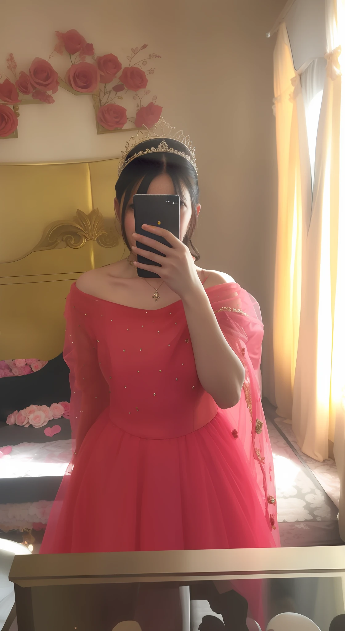 A woman taking a picture of herself in a mirror, wearing cristal crown on head ,full dress, full covered dress, 1 8 yo, gown, pose 1 of 1 6, wearing long gown, wearing a pink ballroom gown, very very low quality picture, chinese dress, wearing red dress, wearing dress, fantasy dress, 20yo, 2 0 yo, wearing a wonderful dress, Queen,crown, roses everywhere in background