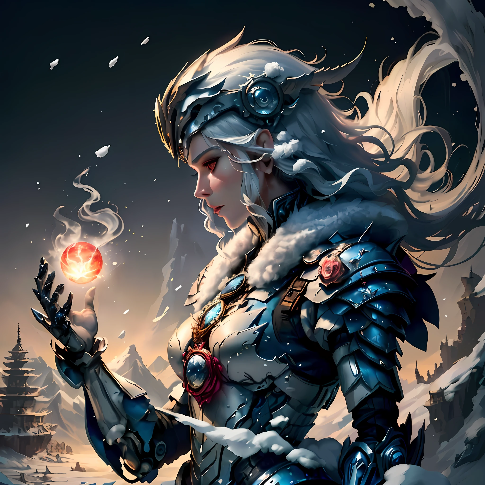 there is a woman in a snow suit holding a glowing object, a sorceress casting a ice ball, epic fantasy digital art style, detailed fantasy digital art, beautiful ancient frost witch, epic fantasy art style hd, highly detailed fantasy art, epic fantasy art style, epic fantasy style art, queen of winter, epic exquisite character art, fantasy card game art