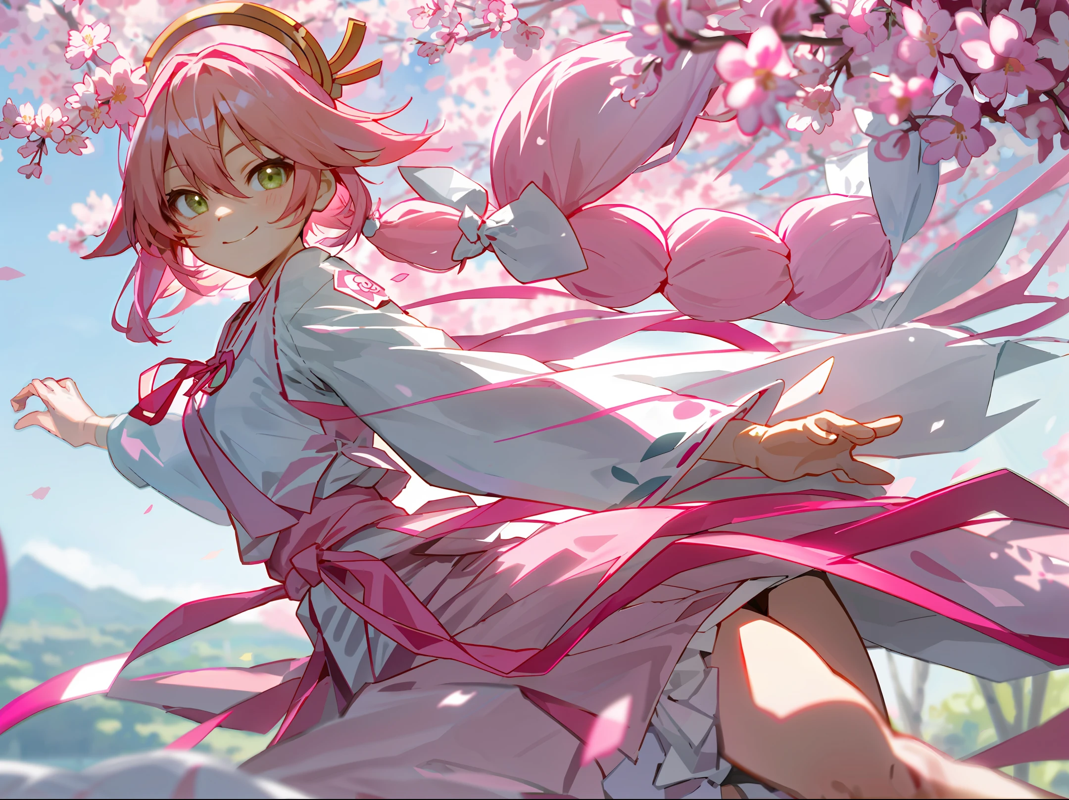 Pink Hair 2D Miko Sakura Pink Yukata Long Suzu Hair Ornament Hair Type Straight Twin Tail Beautiful Girl Breast Yellow Belly Ribbon Knot White Shirt Green Eyes Asymmetrical Leg Air Floral Clothing Smile Wide Sleeve Masterpiece Best Image Quality