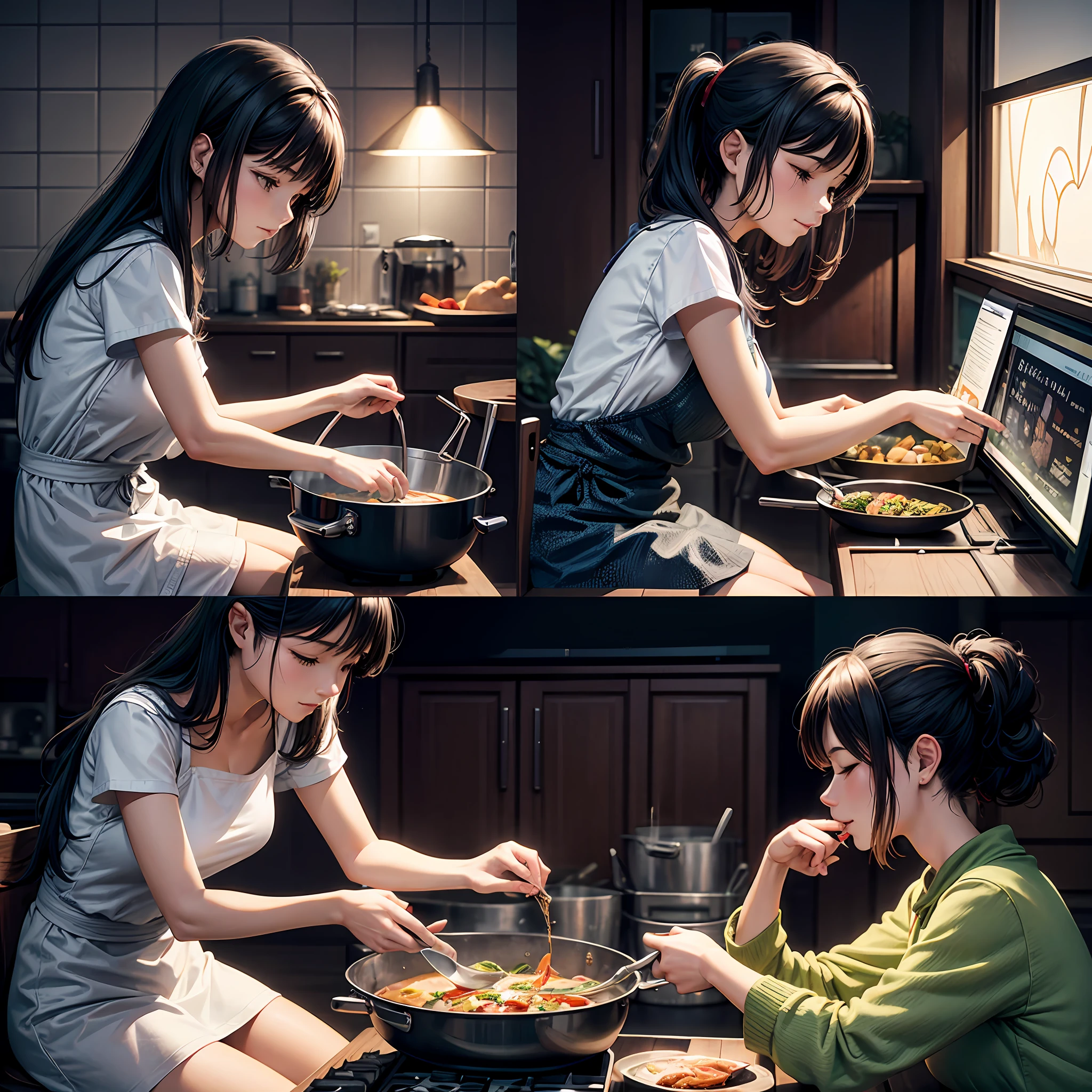 “Spice of Life”: Create a series of 4 (panels) that depict a woman cooking a meal in her cozy apartment. You could show her chopping vegetables, stirring a pot on the stove, or checking the oven. on another panel: show her setting the table with utensils, plates, and glasses. Play with different angles, lighting, and colors to convey the warmth and comfort of the environment. In the last panel, show the woman sitting down to enjoy her meal, perhaps with a book or a TV show playing in the background. You could also show her savoring the flavors and textures of the food, with (speech bubbles or thought bubbles) to convey her thoughts and emotions.