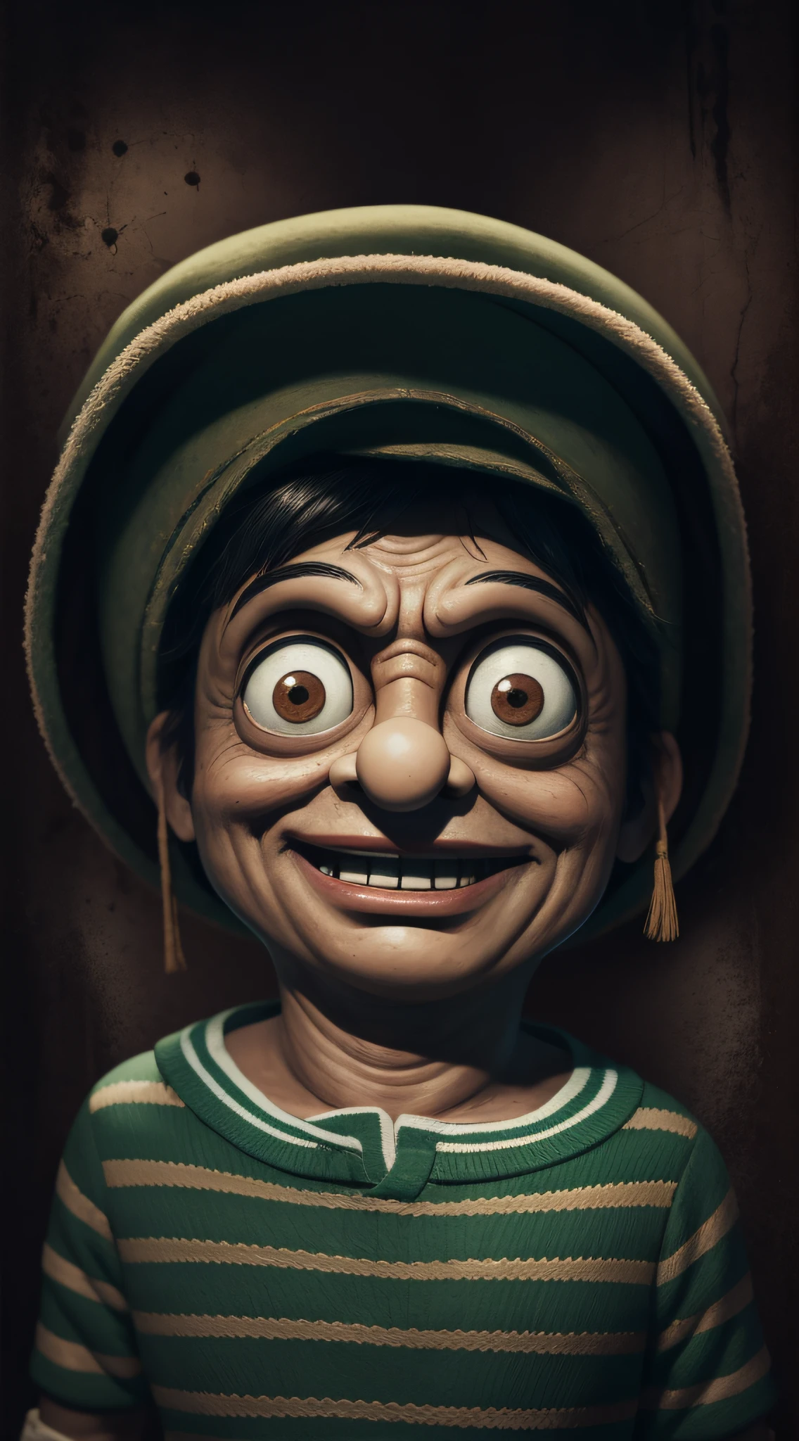 Roberto Gómez Bolaños dressed as El Chavo 8, coming out of a dirty old chest, sinister smile, big eyes, toxic smile, scared face, cartoon claymation style.