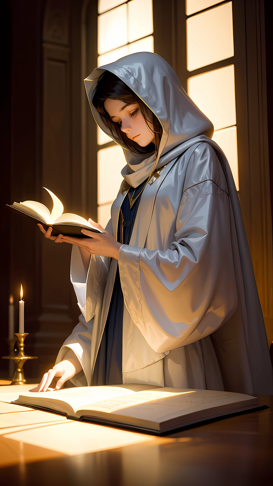 masterpiece, best quality, John Singer Sargent, young sorceress studying, hood up, moody lighting, tranquil, calm, glow, glowing, mystical, magical, rim lighting