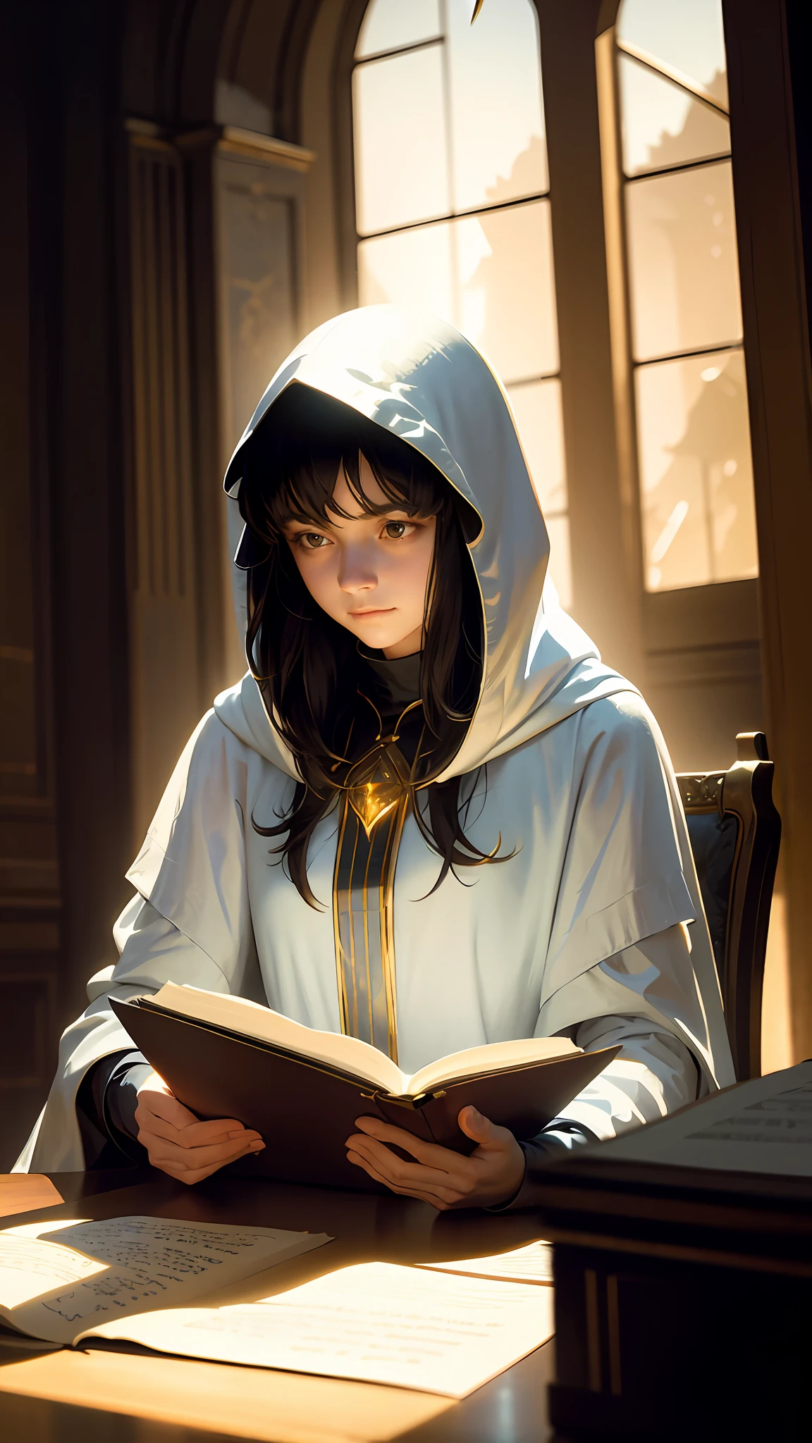 masterpiece, best quality, John Singer Sargent, young sorceress studying, hood up, moody lighting, tranquil, calm, glow, glowing, mystical, magical, rim lighting