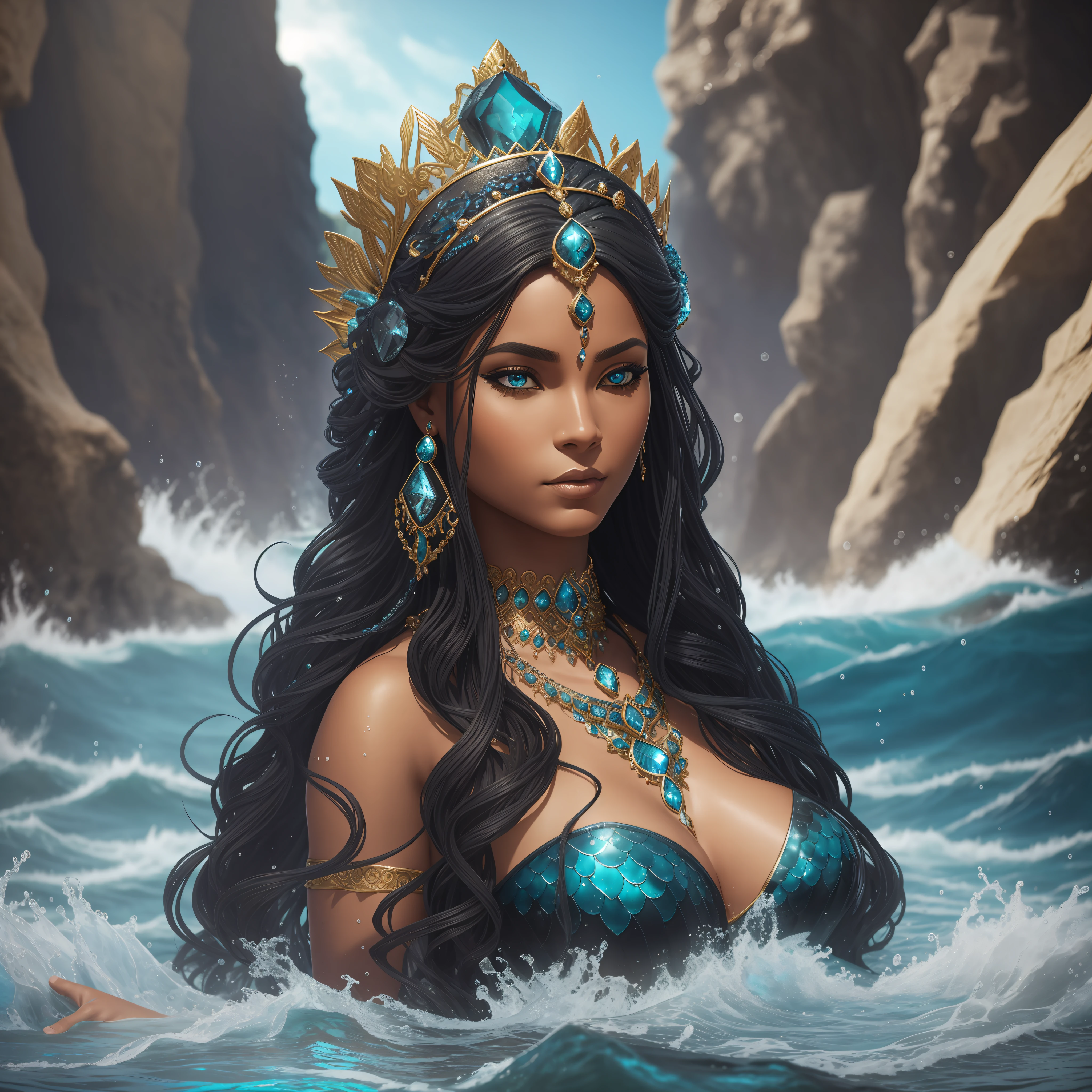 arafed woman in a black dress in the water with a crown on her head, goddess of the ocean, goddess of the sea, portrait of mermaid warrior, detailed matte fantasy portrait, a stunning portrait of a goddess, epic 3 d yemaya, goddess. extremely high detail, portrait of a beautiful goddess, portrait of mermaid queen, epic fantasy digital art style