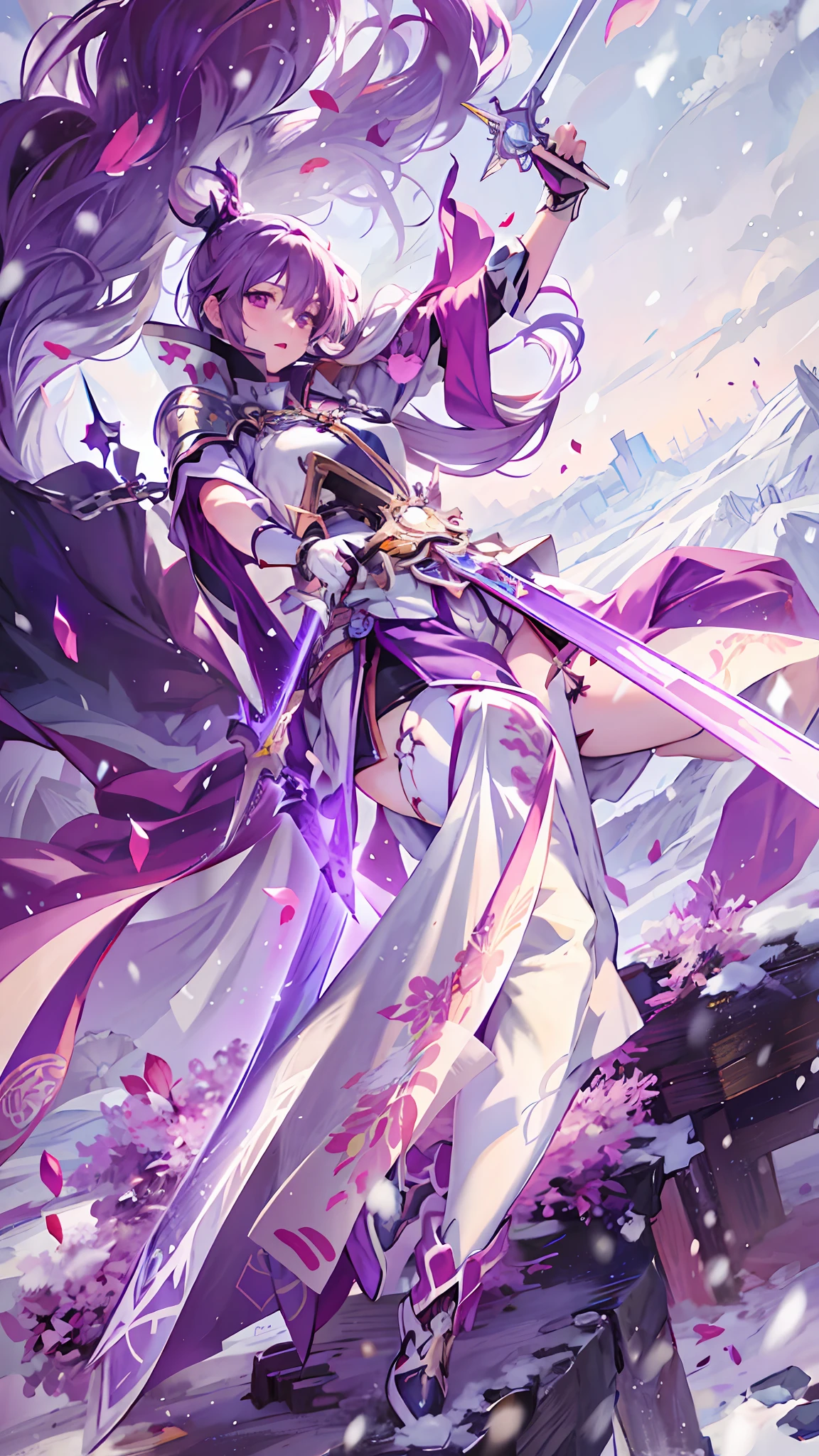 anime girl with sword and purple dress in snow storm, anime fantasy illustration, anime art wallpaper 4k, anime art wallpaper 4 k, anime fantasy artwork, anime art wallpaper 8 k, anime epic artwork, 2. 5 d cgi anime fantasy artwork, beautiful fantasy anime, portrait knights of zodiac girl, cushart krenz key art feminine, anime wallpaper 4k