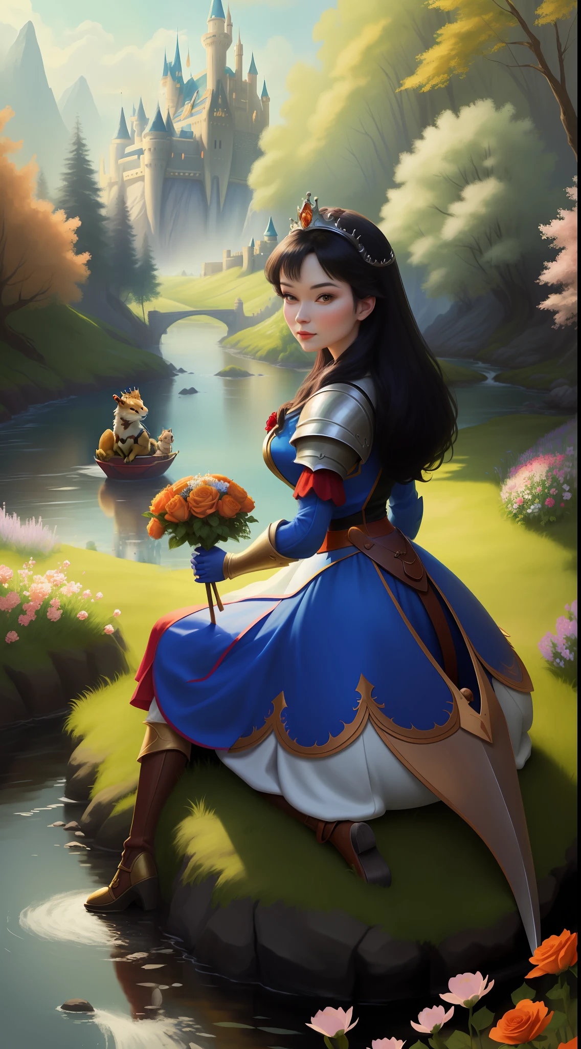 A beautiful Disney princess with 25 years old, Snow White with a sword and one armor riding the dragon wearing a crown in the forest with many cute animals near her., Many flowers of various colors. A sunny day. with a river and a fairytale castle in the background. Walt Disney cartoon style masterpiece style, various angles looking at the camera, big orange and red roses, 3, cute animals,