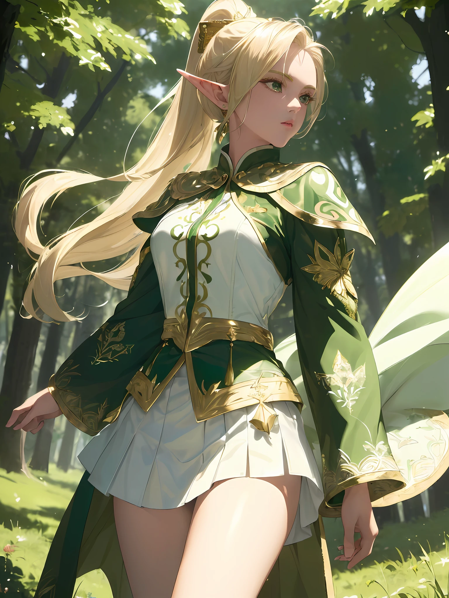 (((Masterpiece, Best Quality, High Definition, High Detail)))), ((((Fantasy)))), One, (Elf Woman)))), (White Short Skirt with Gold Embroidery), (Blonde Long Straight Ponytail), (Glossy Dark Green Eyes), (Green Cloak Armor with Golden Embroidery), (Green Flag with Golden Embroidery), Big, (Strong Wind), Lots of Luminous Grains Flying, March, Forest