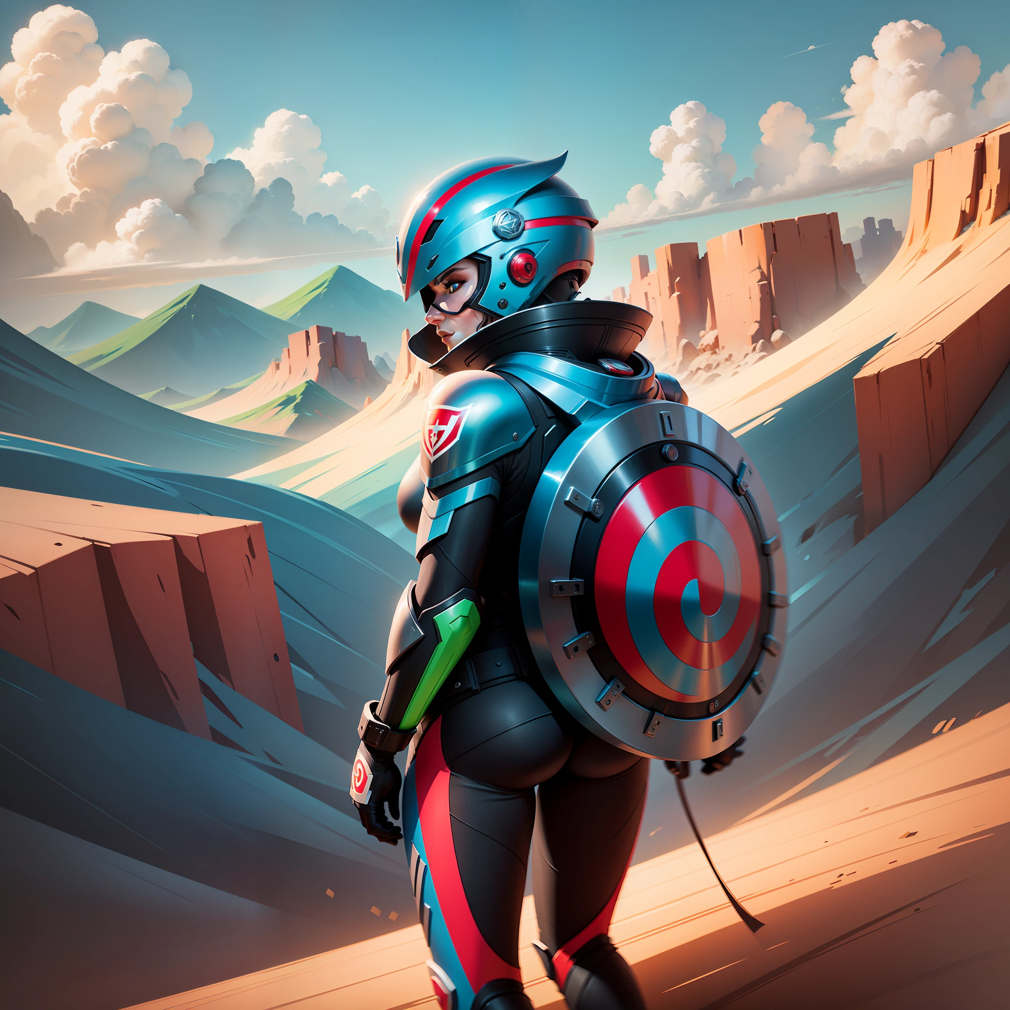 A cartoon style shield logo with vibrant colors, It features a well-planned design, with sophisticated features and defined contours, Strong texture and frontal perspective, Midjourney --auto --s2