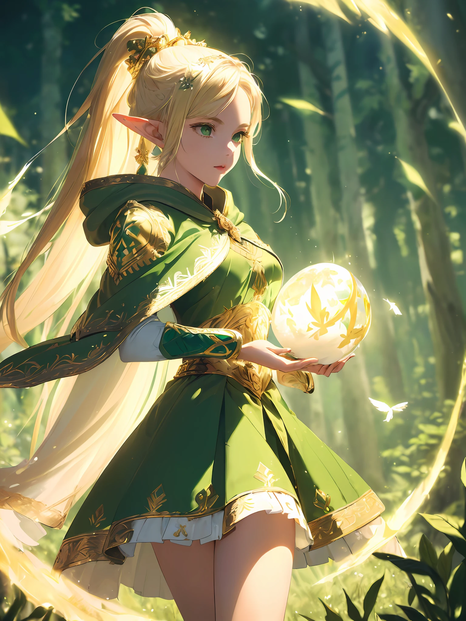 (((Masterpiece, highest quality, high definition, high detail)))), ((((Fantasy)))), one, (Elf woman)))), (short skirt of white with gold embroidery), (blonde long straight ponytail), (glossy dark green eyes), (green cloak armor with golden embroidery), (green gauntlet with golden embroidery), big, tilting the head, (breeze), A lot of glowing grains are flying