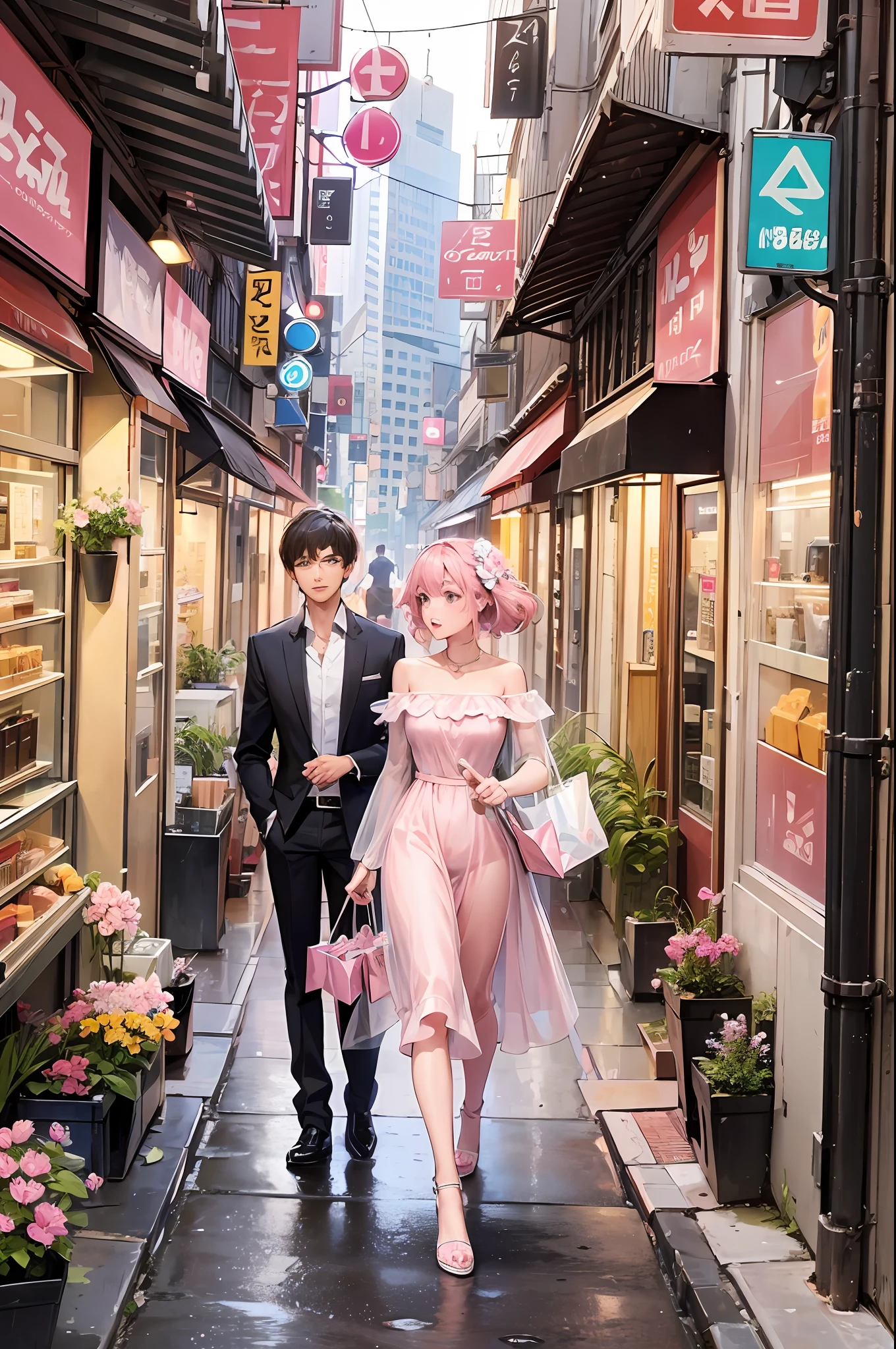 Walking on the city street, a man and a woman, female pink bandeau dress, woman wearing super short group, wearing pink flower long dress, man wearing physique, handsome, cute couple, shopping, in the city --auto --s2