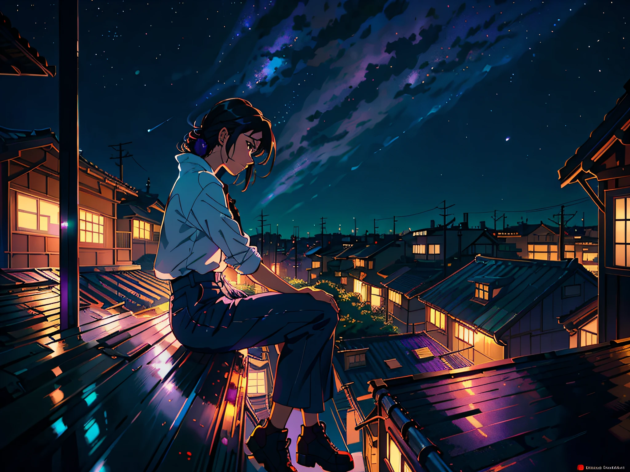 Realistic, real life, beautiful beautiful girl sitting on a roof looking at a city below, extremely detailed by greg rutkowski makoto shinkai kyoto animation key art female medium plane, style of laurie greasley, studio ghibli, akira toriyama, james gilleard, genshin impact, trending pixiv fanbox, acrylic spatula, 4k, vibrant colors, devinart, trends in artstation, stars, purple sky