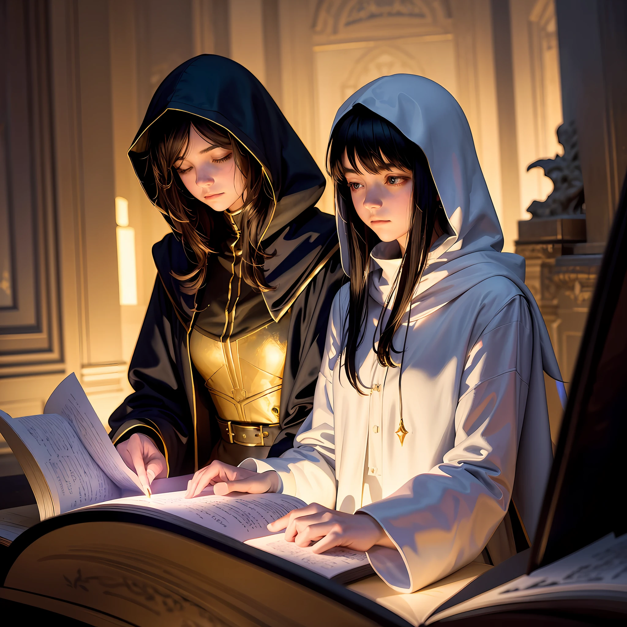 masterpiece, best quality, John Singer Sargent, young sorceress studying, hood up, moody lighting, tranquil, calm, glow, glowing, mystical, magical, rim lighting