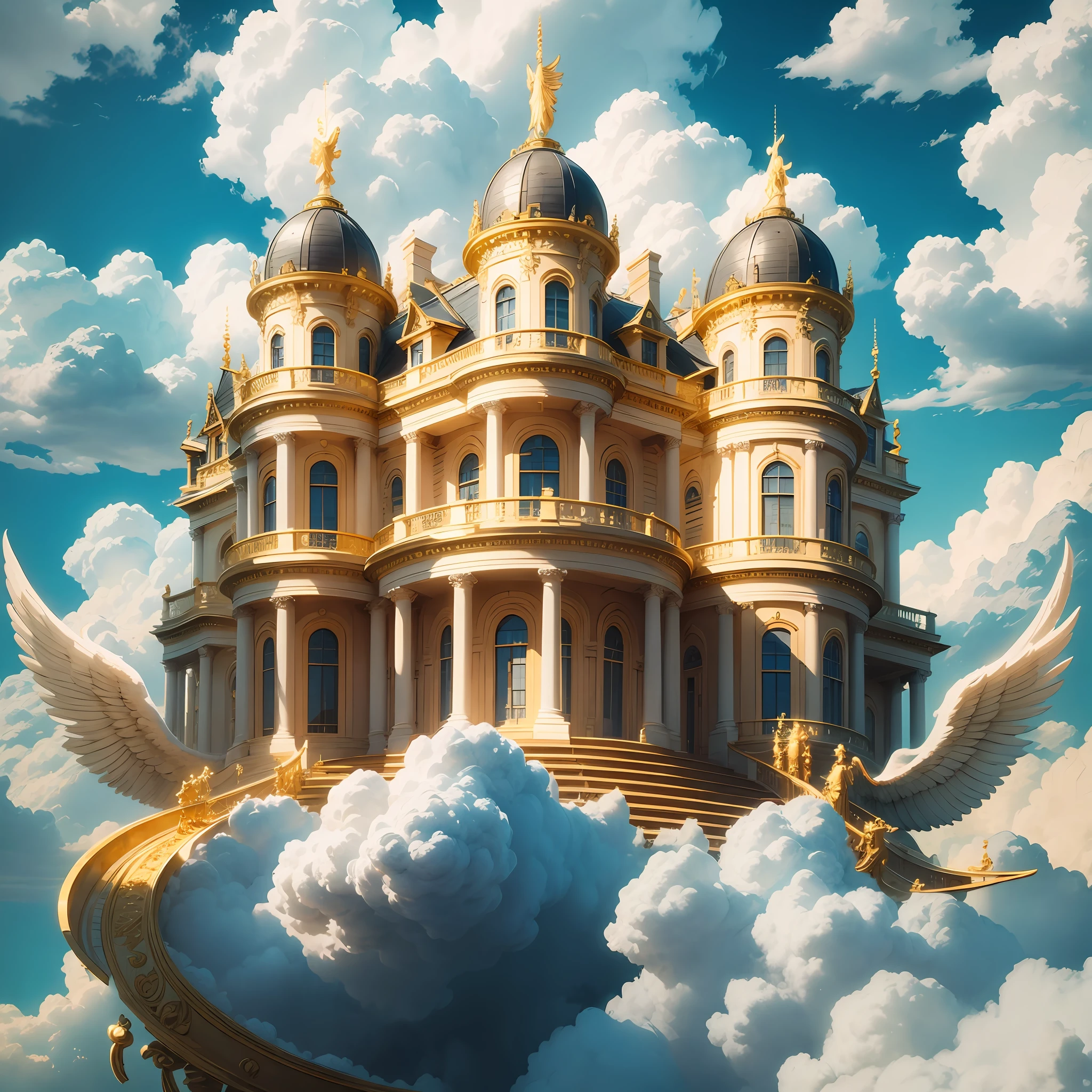 "A golden mansion in the clouds with angels flying around the clouds. Highlight the mansion in realistic details and the angels in fluid and natural movements." --auto --s2