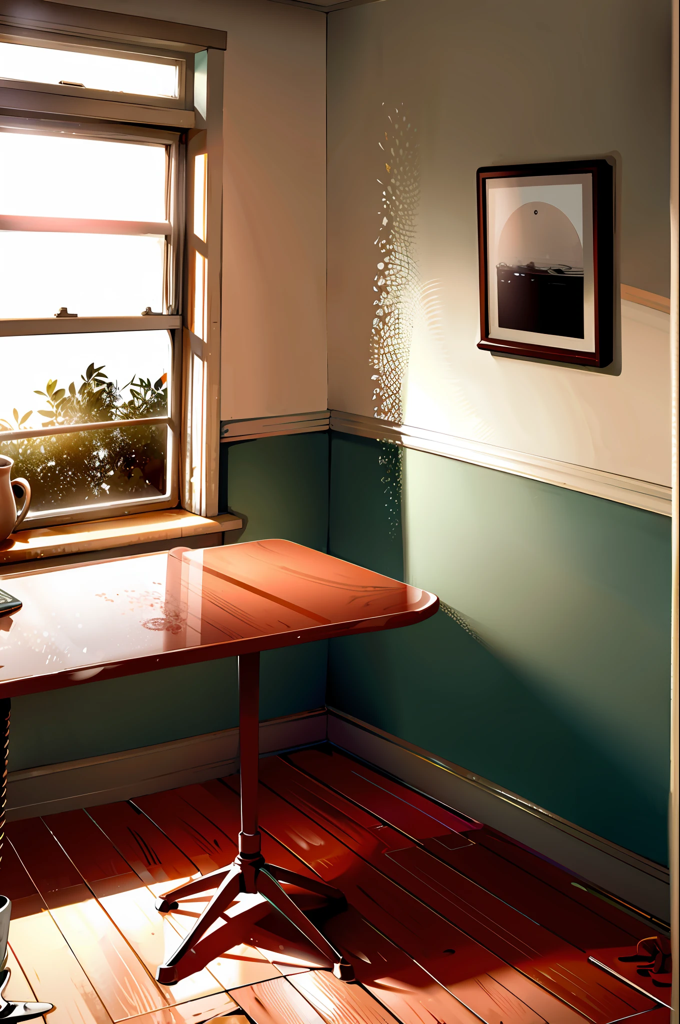 Cozy café interior, tables and chairs, natural light through windows