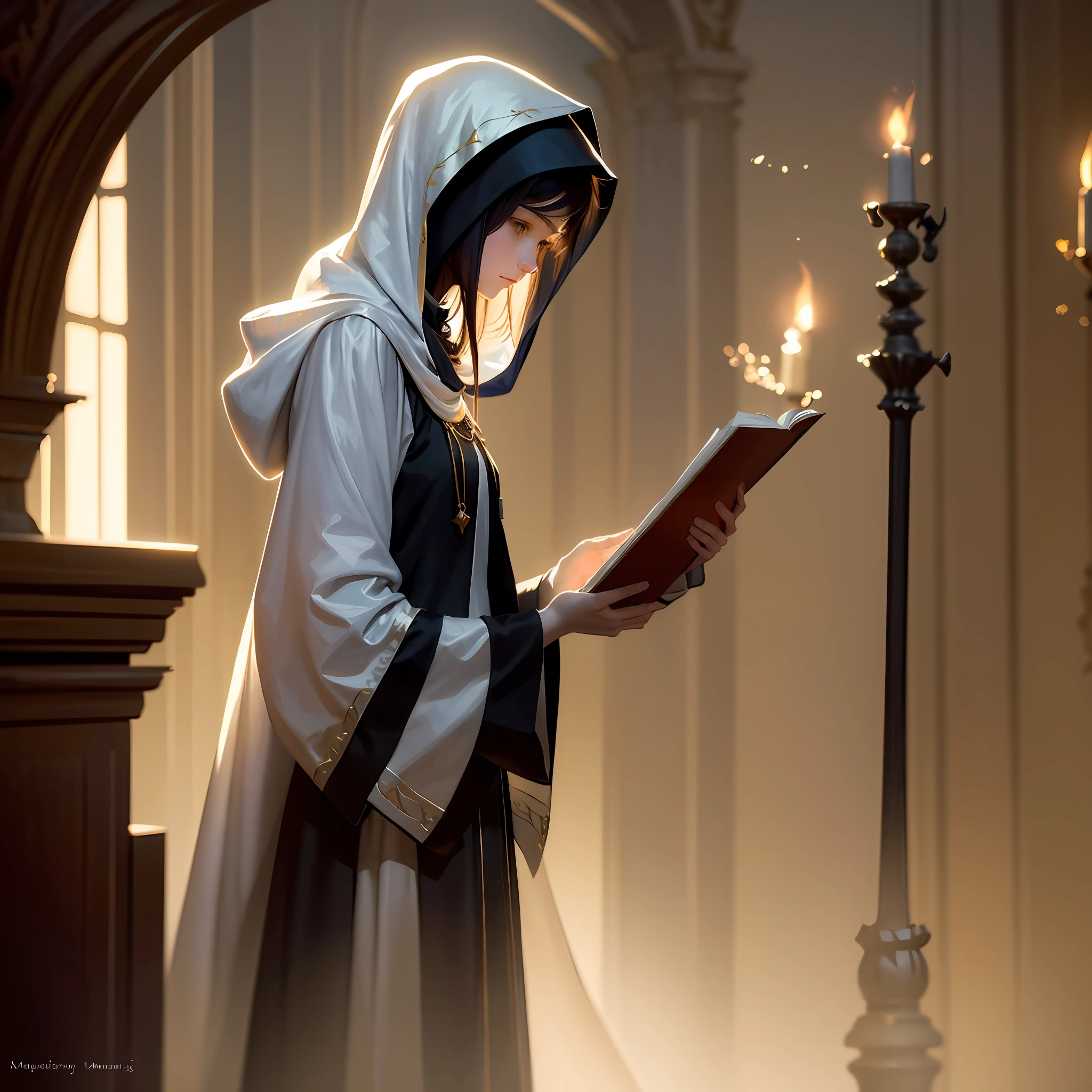 masterpiece, best quality, John Singer Sargent, young sorceress studying, hood up, moody lighting, tranquil, calm, glow, glowing, mystical, magical, rim lighting