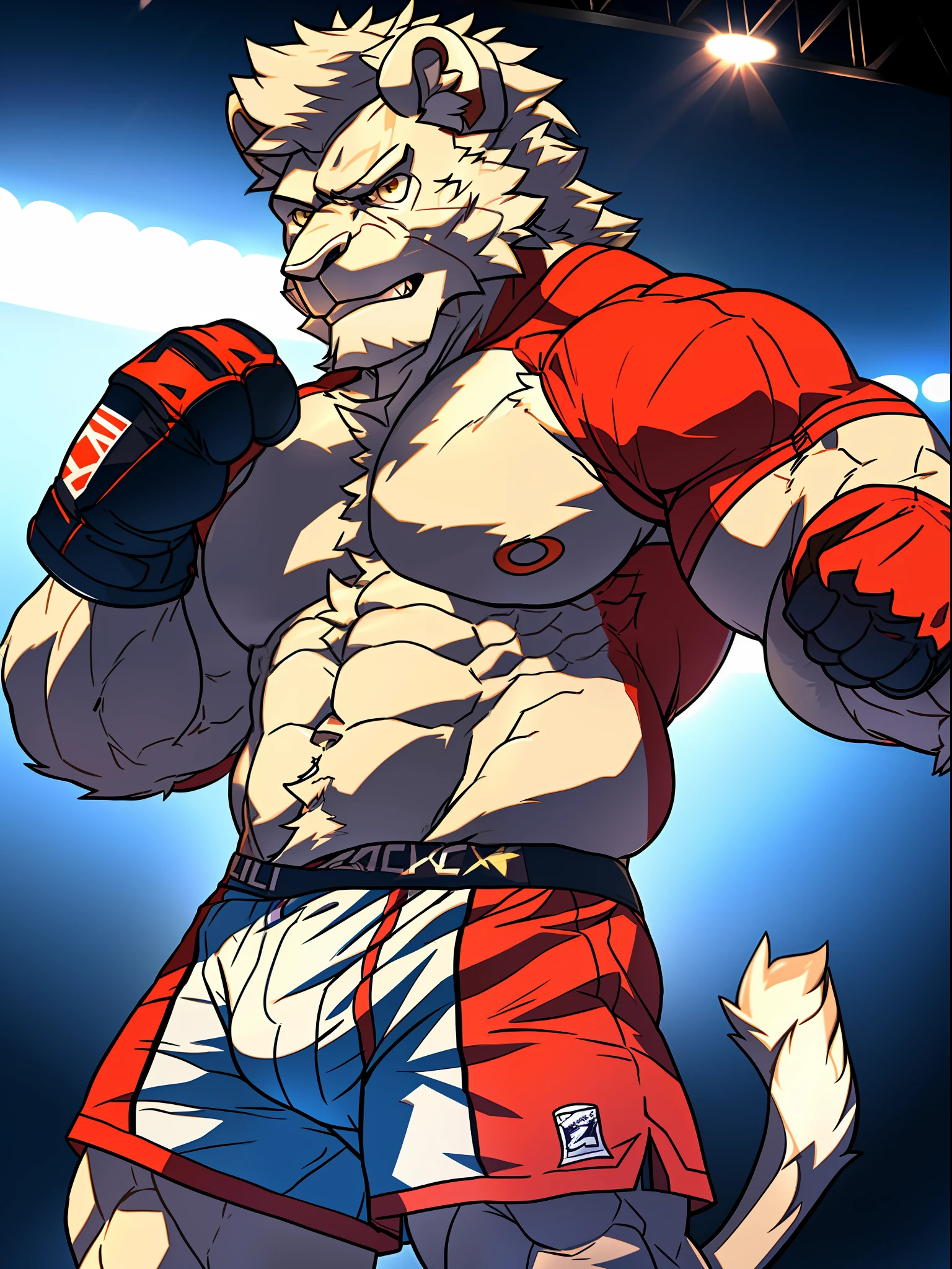 ((muscular man as boxer in easel pose)), wearing boxing gloves, boxing, ring furry, an anthro (white lion), an anthto, a old man muscular, facial hair, (angry expression, focus eyes, sharp eyes), extremely detailed muscle, detailed face, face, detailed eyes, eyes, detailed muscle, realistic rendering, CG realistic, 3d realistic, photography, background