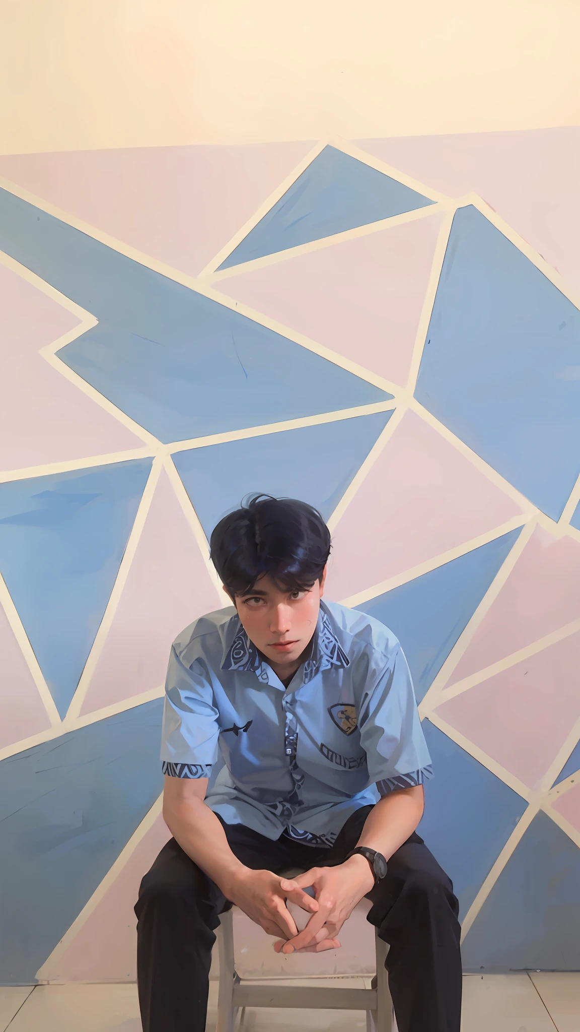 arafed man sitting on a chair in front of a wall with a blue and pink design, khyzyl saleem, inspired by Bohumil Kubista, ash thorp khyzyl saleem, profile pic, potrait, random artist, inspired by Genco Gulan, ramil sunga, bao pham, with a sad expression