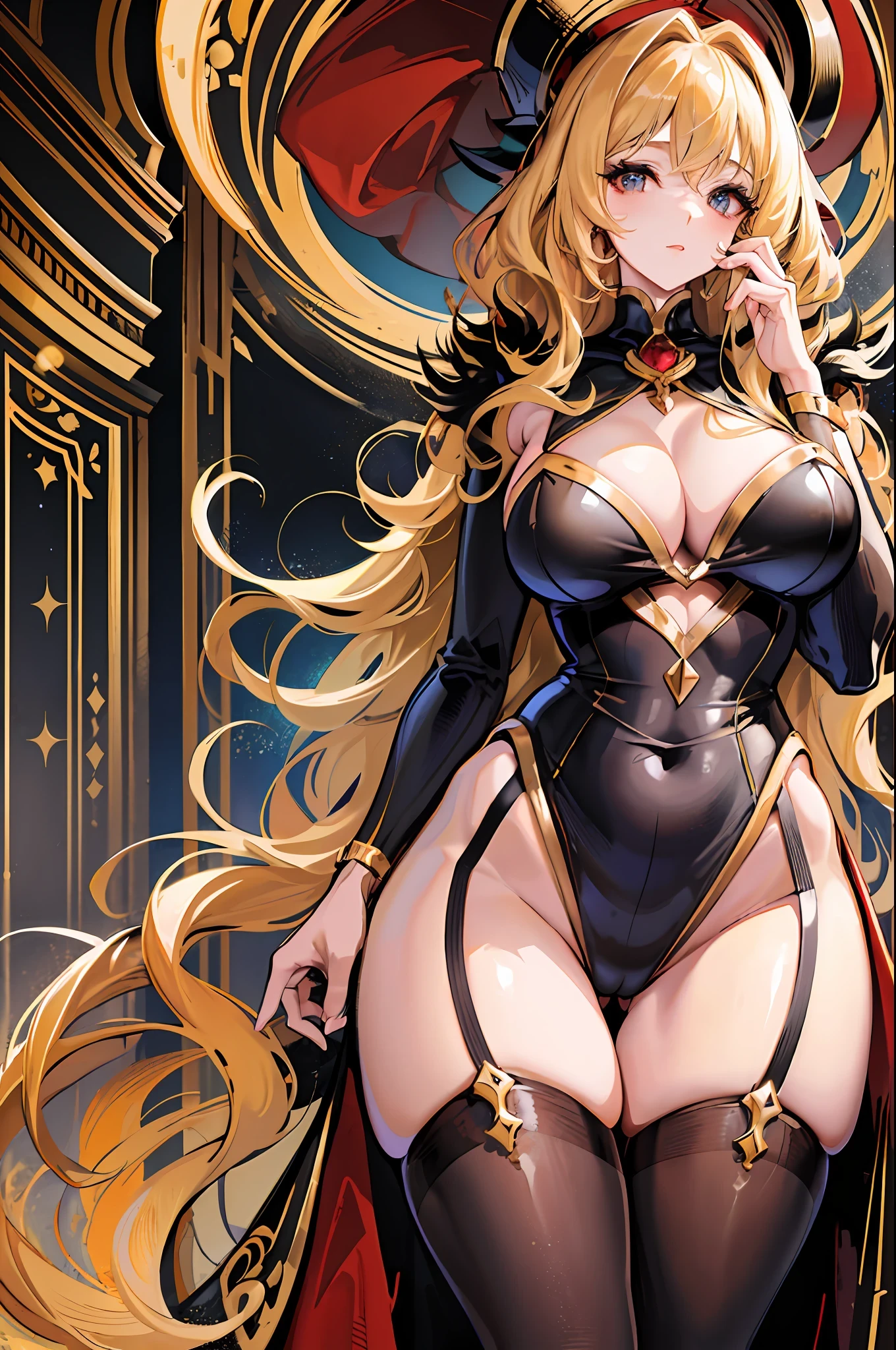 "An ultra-detailed art of a seductive woman with [blonde hair], [golden eyes], dressed in [golden hose], with [massive cleavealing [very large breasts], wea[golden sailor cap] and [long black rabbit ears], showcasing a [wavy] furry [red and black cape] masterpiece [curly hair] thick hair, [large eyes]"