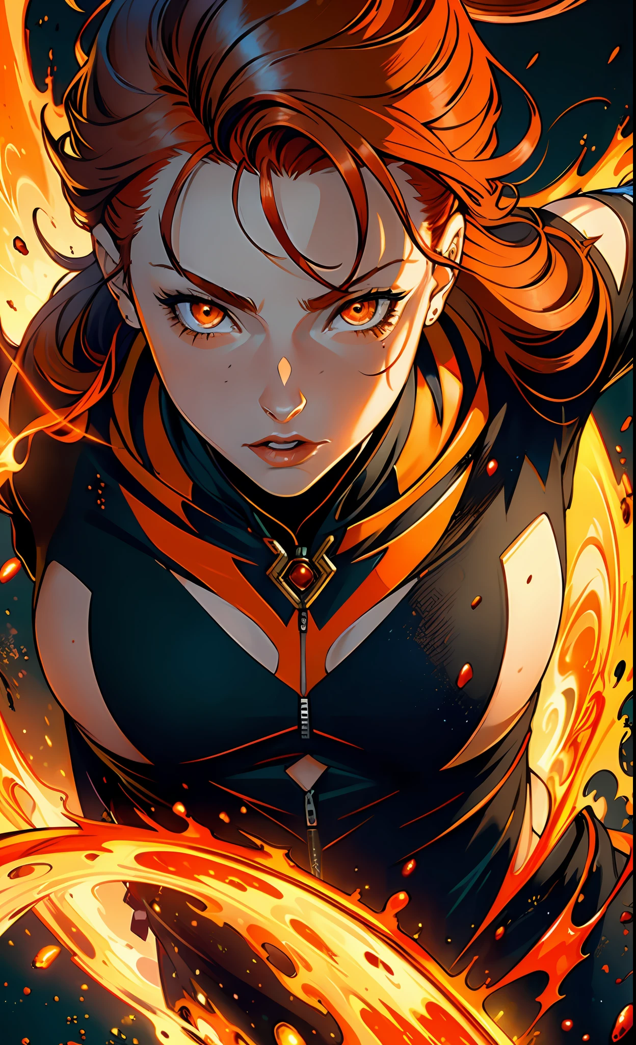 (extremely detailed, masterpiece, best quality, dynamic pose),(red hair:1.5+orange hair:1.3),cataclysmic environment,shimmering eyes,glowing, majestic, complex details, vibrant impact.