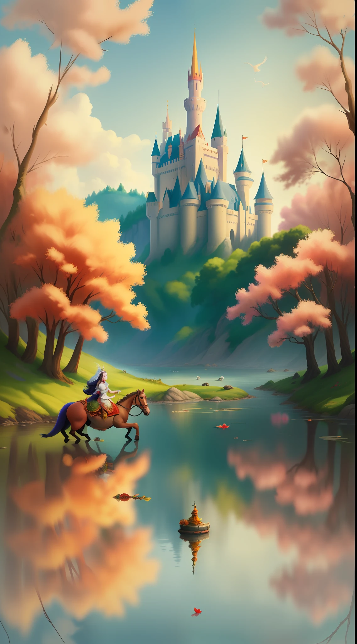 A beautiful Disney princess with 25 years old, Snow White with a sword and one armor riding the dragon wearing a crown in the forest with many cute animals near her., Many flowers of various colors. A sunny day. with a river and a fairytale castle in the background. Walt Disney style cartoon style masterpiece, various angles looking at the camera, big orange and red roses, 3, cute animals, snow white on top of the dragon