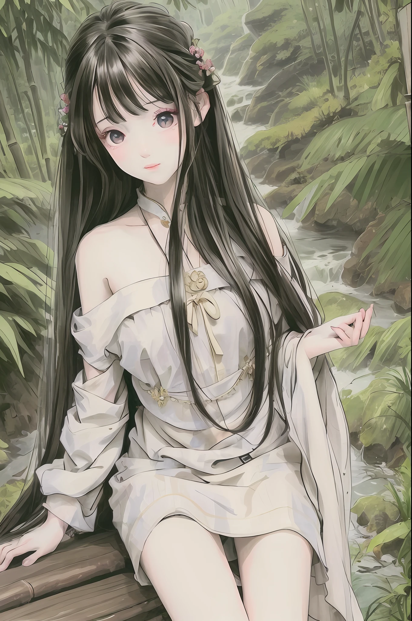 masterpiece, best quality, official art, 8k wallpaper, very detailed, illustration, 1 girl, dark hair, long hair, detailed eyes, bamboo forest, bare shoulders, lake, pure, soft smile,